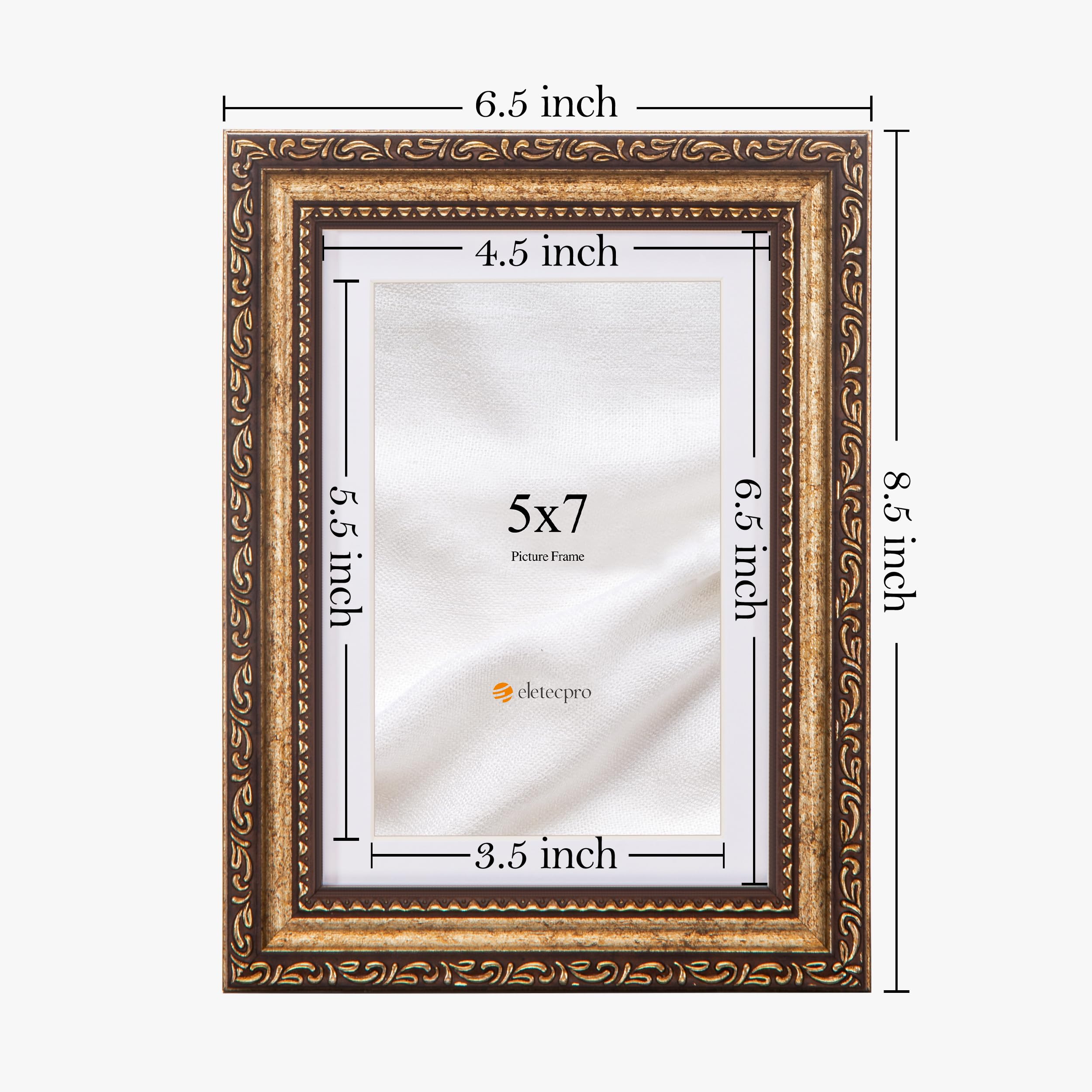 eletecpro 5x7 Picture Frames Set of 2, Vintage 5 x 7 Photo Frames with Real Glass, Displays 4x6 Photo with Mat or 5x7 without Ma
