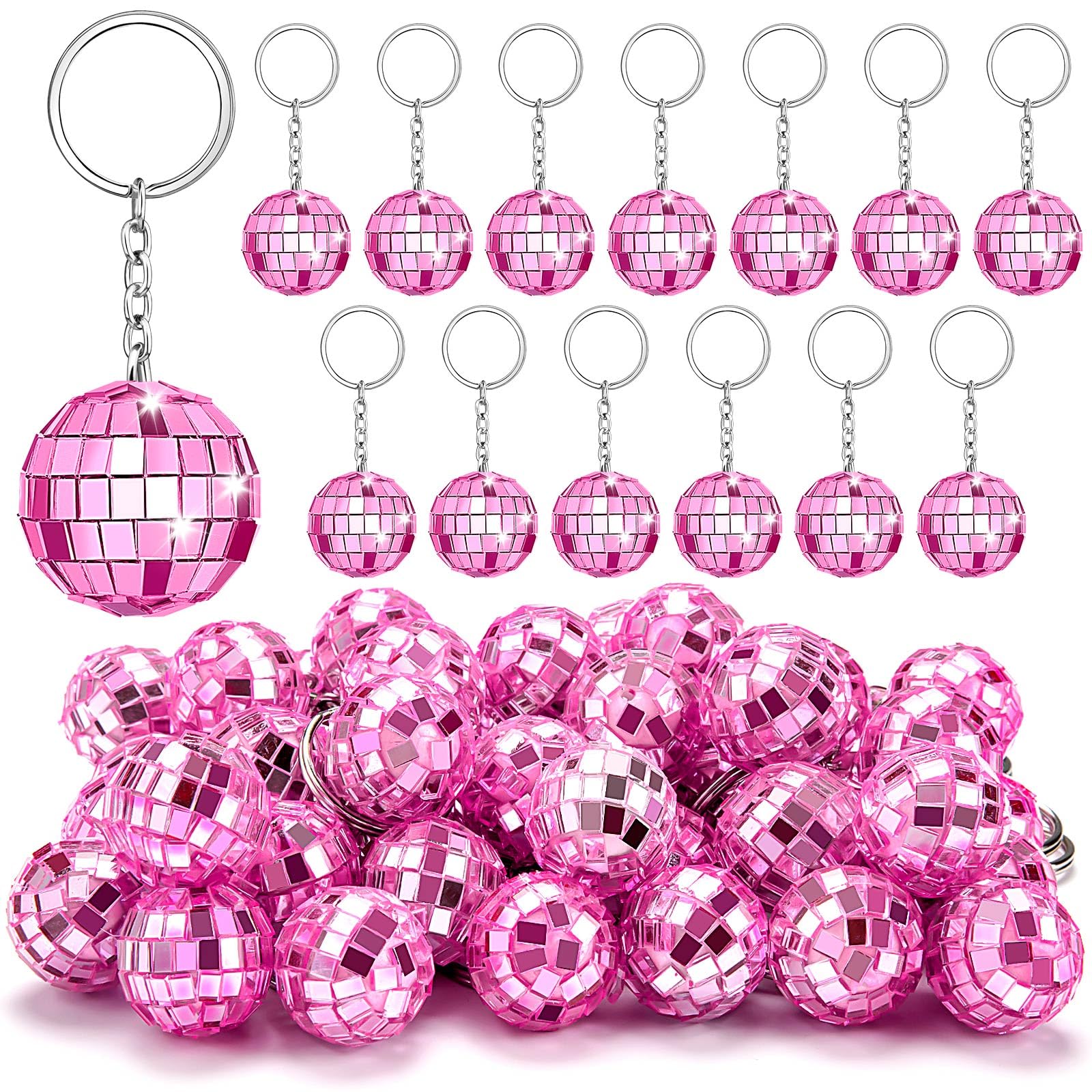 ZHWKMYP 50Pcs Pink Disco Ball Keychain, Mini Small Pink Mirror Disco Ball Bulk Keyring Party Favors for 70s 80s Party Supplies D