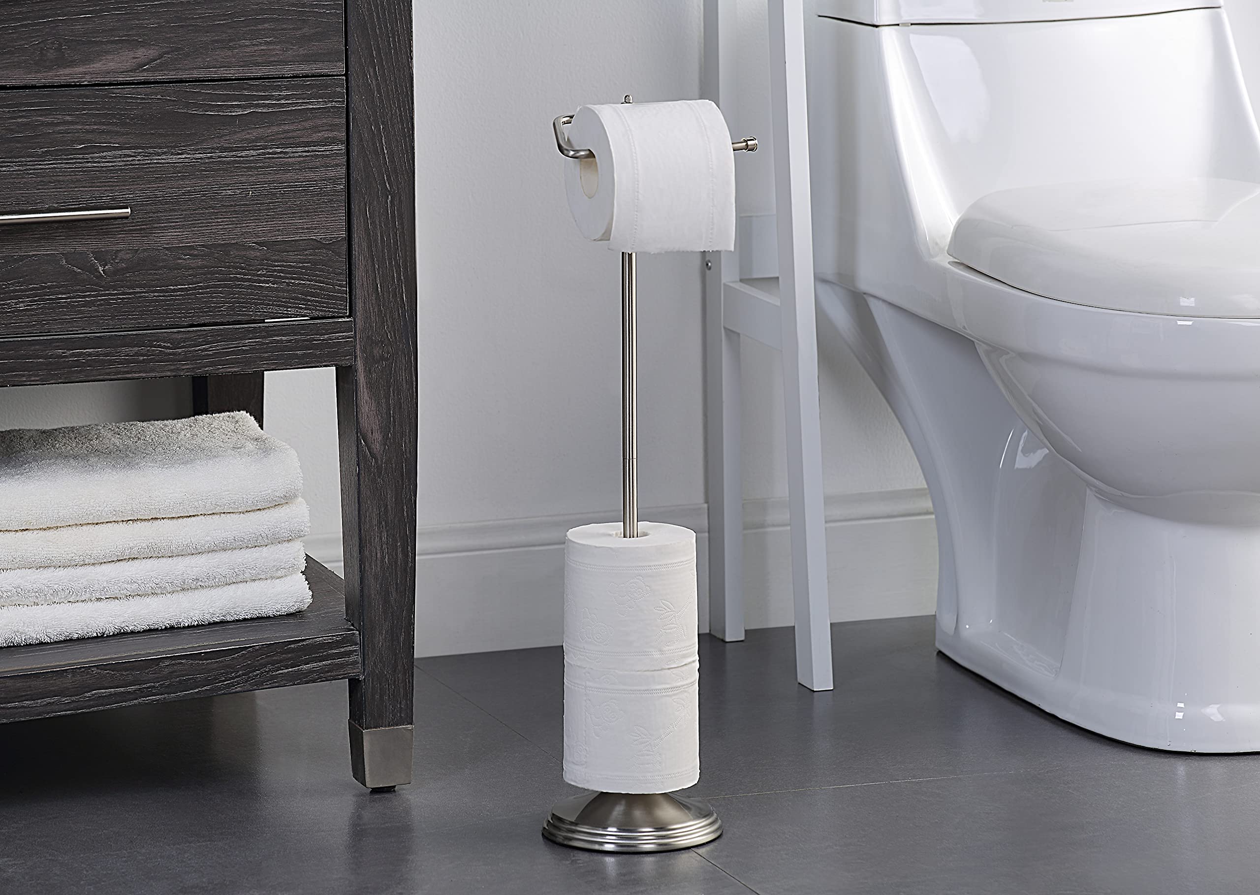 SunnyPoint Bathroom Free Standing Toilet Tissue Paper Roll Holder Stand with Reserve Function  Satin Nickel