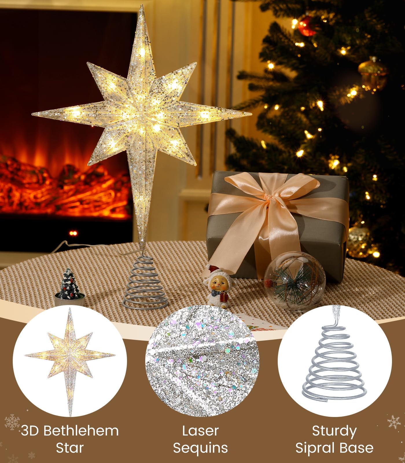 Luxspire Christmas Tree Topper, Lighted Star Tree Topper with USB Plug-in & Remote Control, 10 LED Christmas Decorations Light,