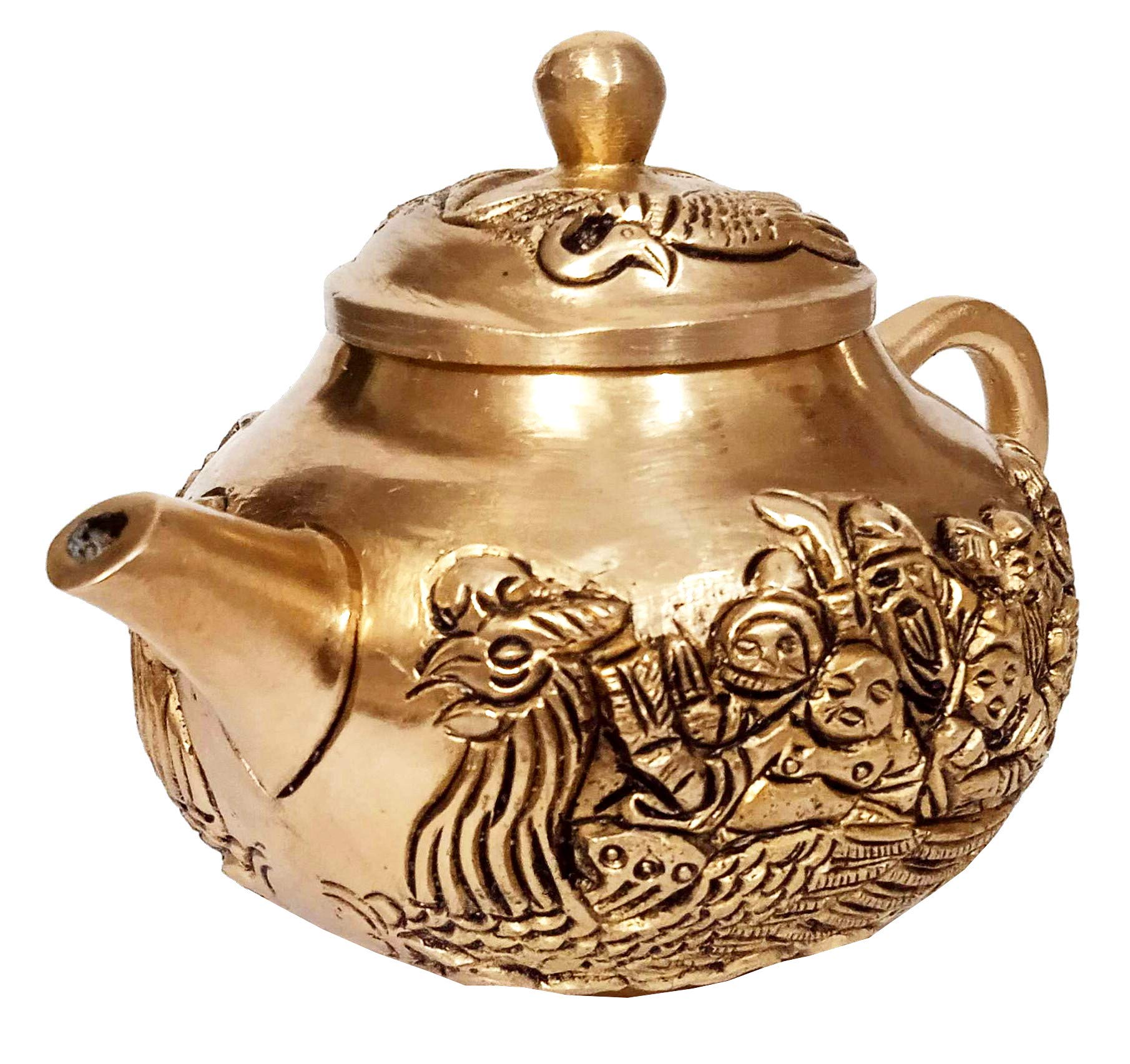 Purpledip Brass Decorative Kettle Teapot: Travelling Monks In Chinese Boat (12261)