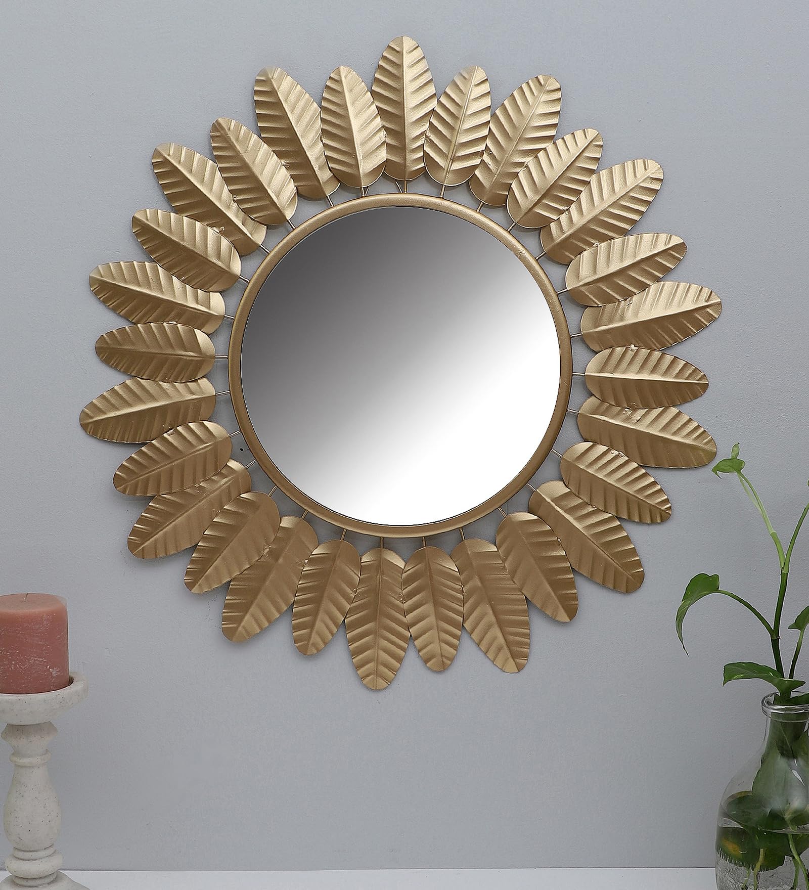 Artemade Iron Iron Framed Decorative Wall Mounted Round Hanging Mirror Vintage Flower Leaf Design Modern Art Mirror For Living R