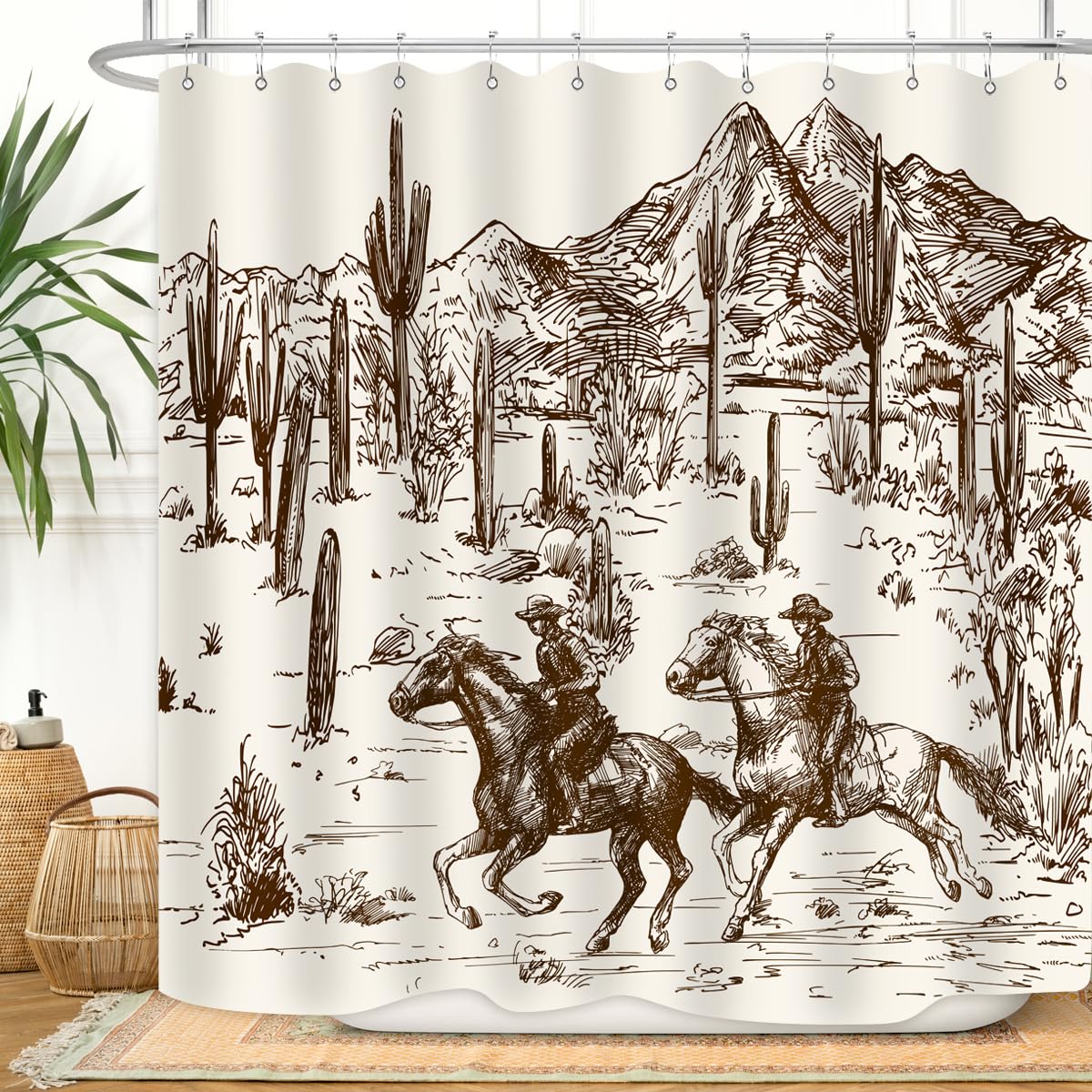 Zxmbf Western Cowboy Shower Curtain Cactus Farmhouse Country American Wild West Cowboy Riding Horse In Desert Hand Drawn Home Ba