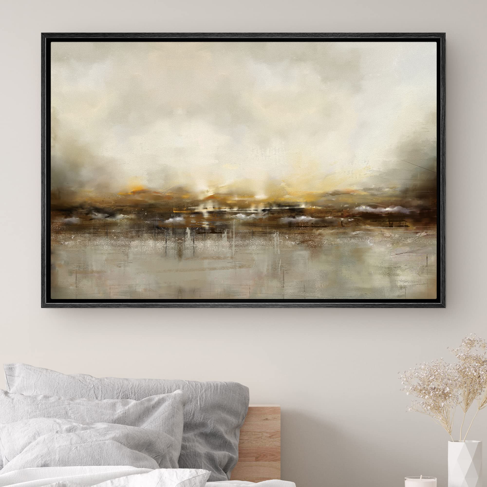 Signwin Framed Canvas Wall Art Dramatic Golden Landscape By The Sea On A Cloudy Day Coastal Ocean Oil Painting Abstract Modern C