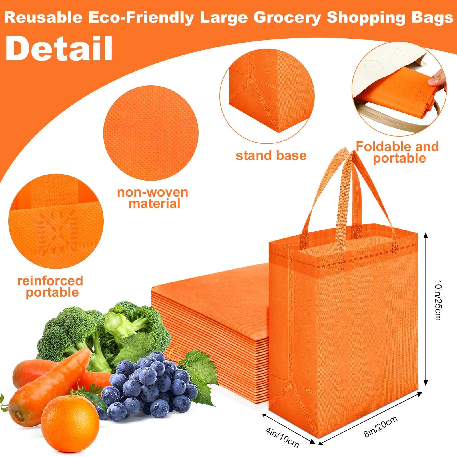 Windyun 50 Pcs Reusable Tote Bag Bulk 8 x 4 x 10 Inch Non Woven Shopping Bag with Handle Christmas Reusable Grocery Gift Tote(Or