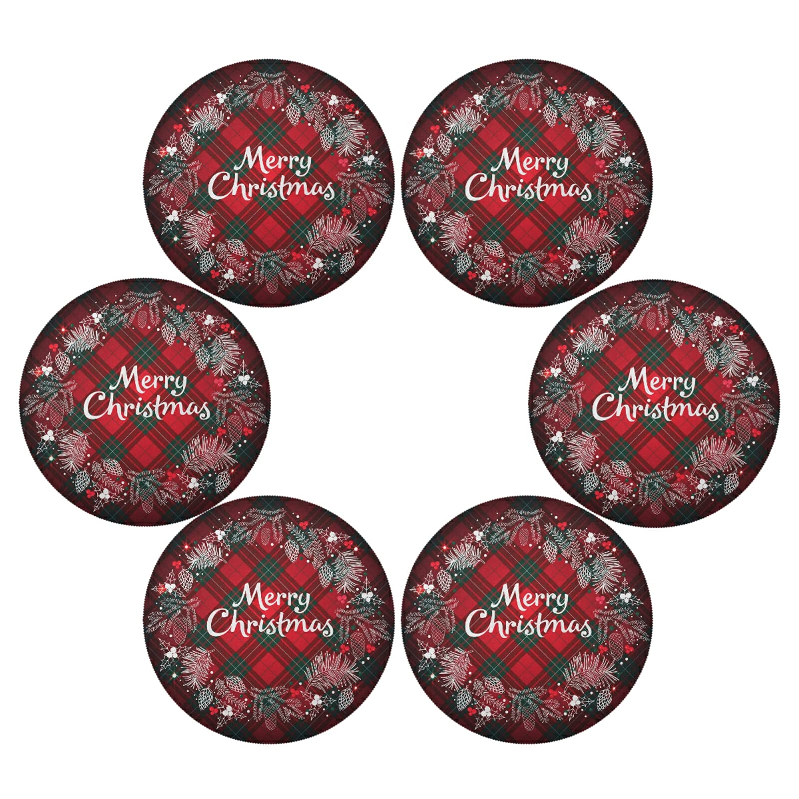 Kcldeci Merry Christmas Round Placemats Set Of 4 For Dining Table, Xmas Place Mats Buffalo Check Plaid Wreath Heat Resistant Kit
