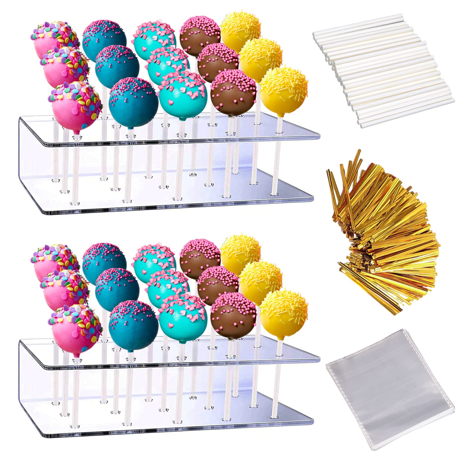 Aongch 2Pcs Cake Pop Display Stand With 300 Pcs Cake Pop Sticks And Wrappers Kit, 15 Hole Clear Acrylic Lollipop Holder For Wedd