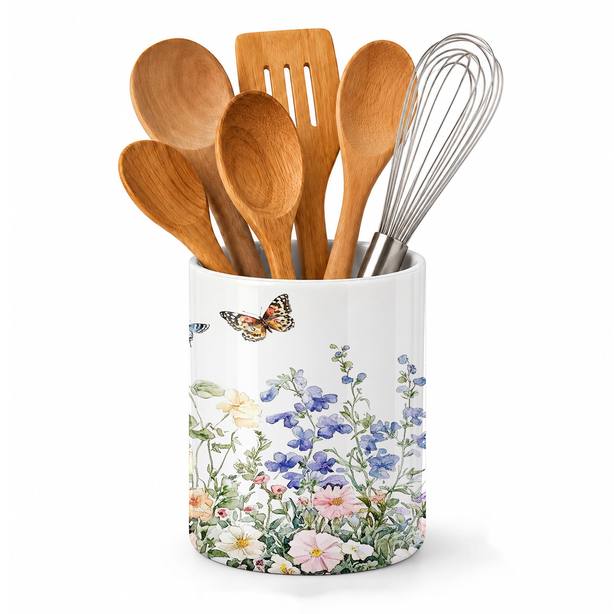 Axxitude Wildflowers Kitchen Utensil Holder,Butterfly Large Ceramic Utensil Crock for Countertop,Cooking Utensil Organizer for S