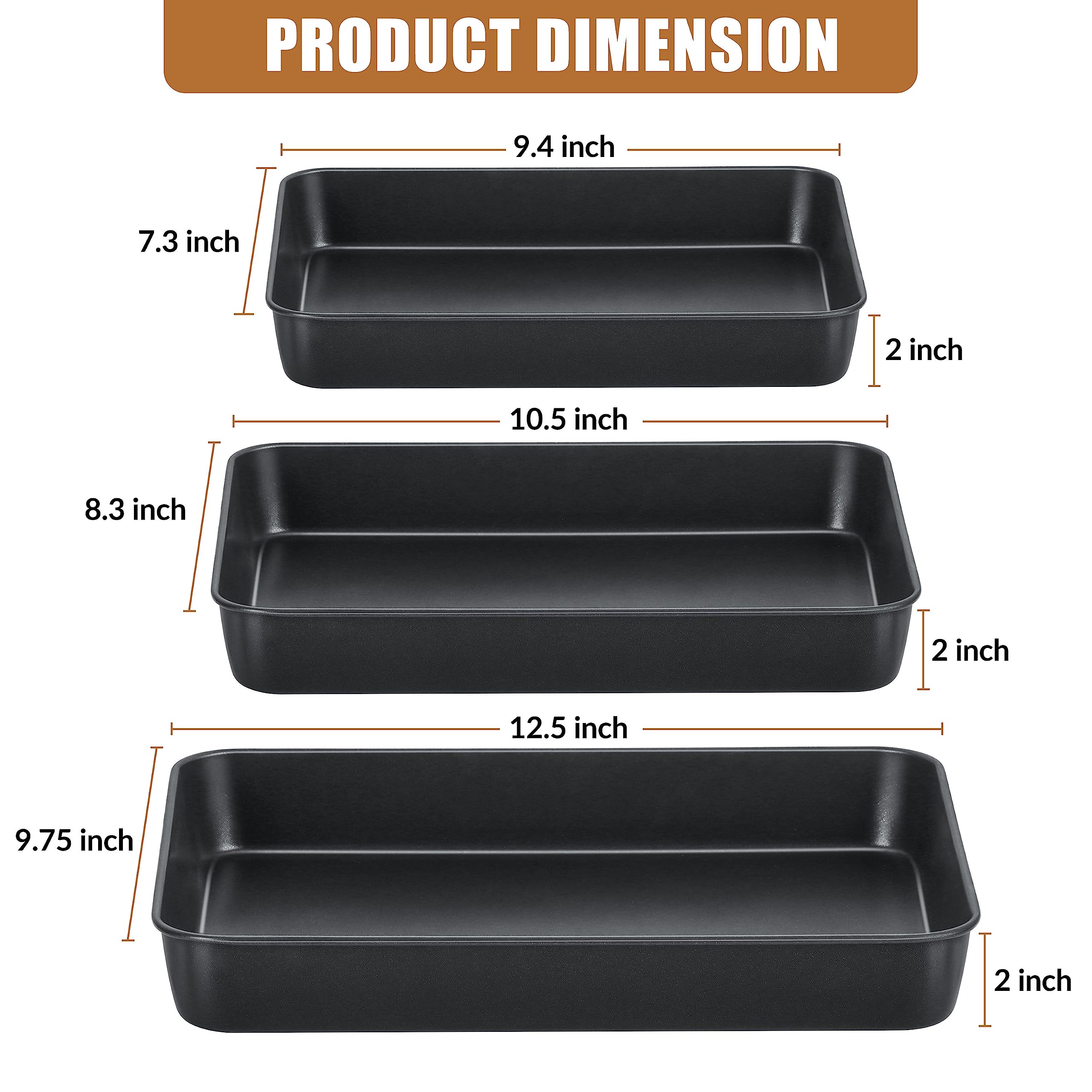 E-Far Nonstick Baking Pans Set Of 3, Rectangle Stainless Steel Sheet Cake Pan For Toaster Oven, 12.5/10.5/9.4 Inch, Black Bakewa