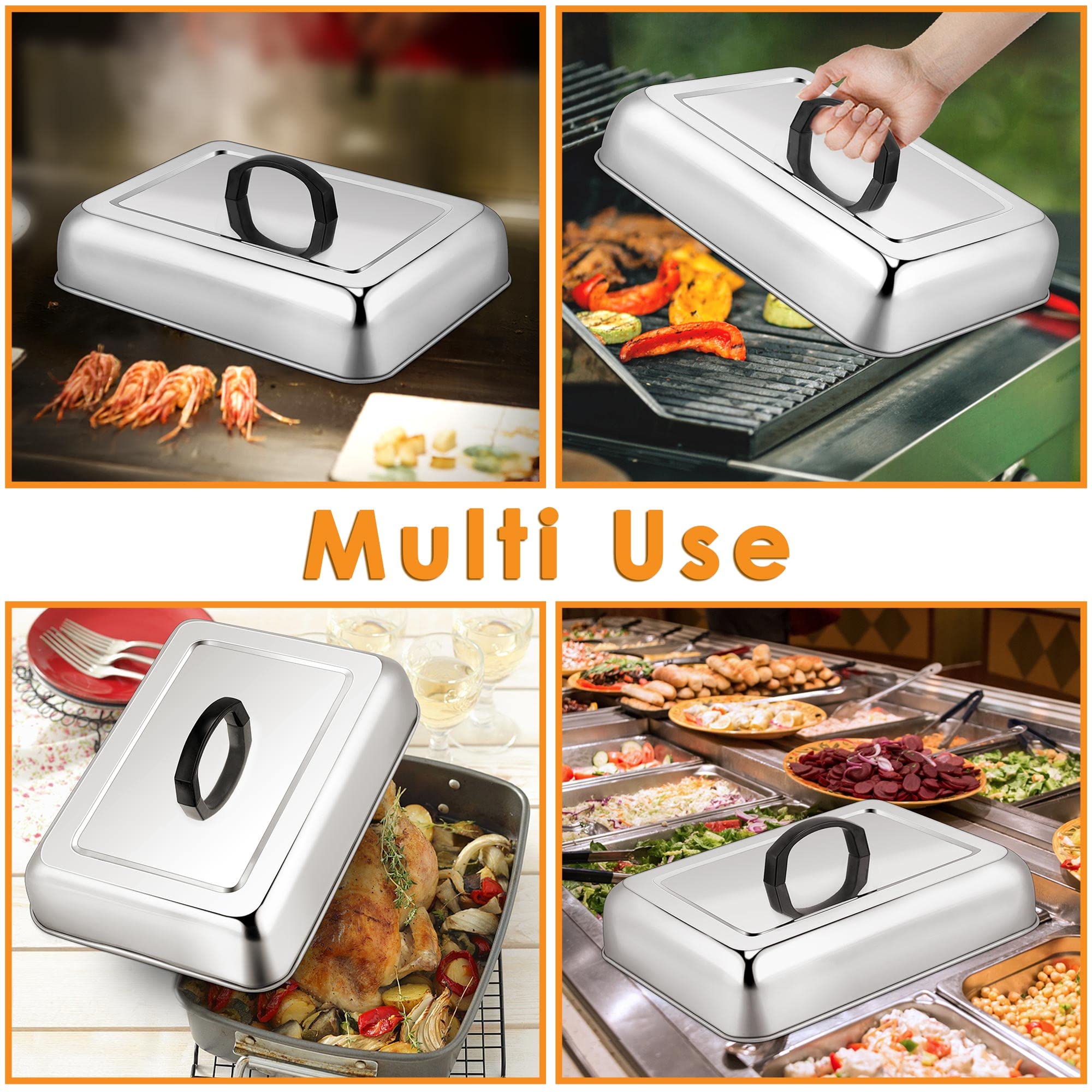 Leonyo 13 X 9 Inch Rectangular Basting Cover Set Of 2, Stainless Steel Metal Cheese Melting Dome Lid Heavy Duty For Outdoor&Indo