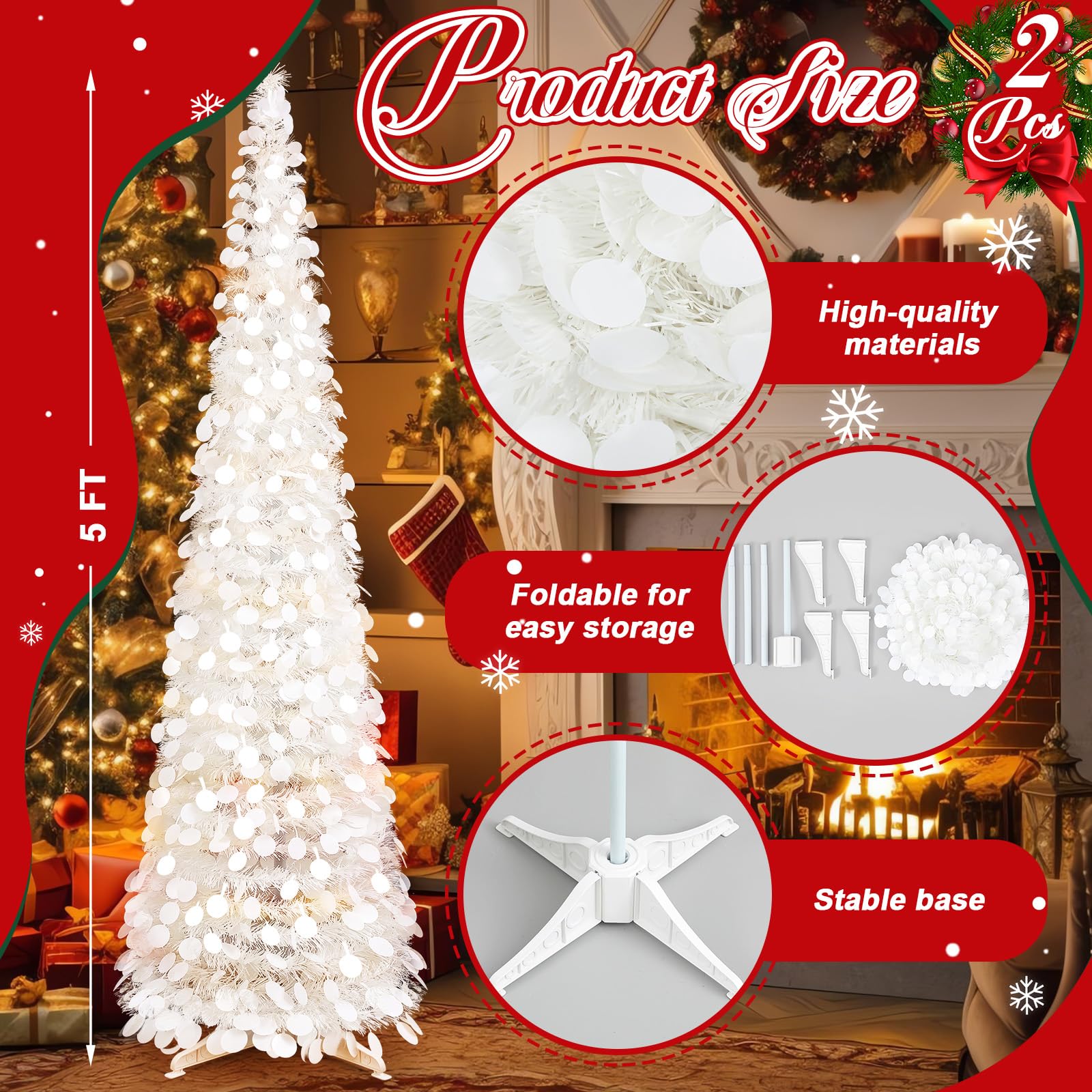 Leyndo 2 Pcs 5 ft Collapsible Artificial Christmas Tree Pop up White Sequined Tinsel Pencil Skinny Xmas Tree for Home Fireplace