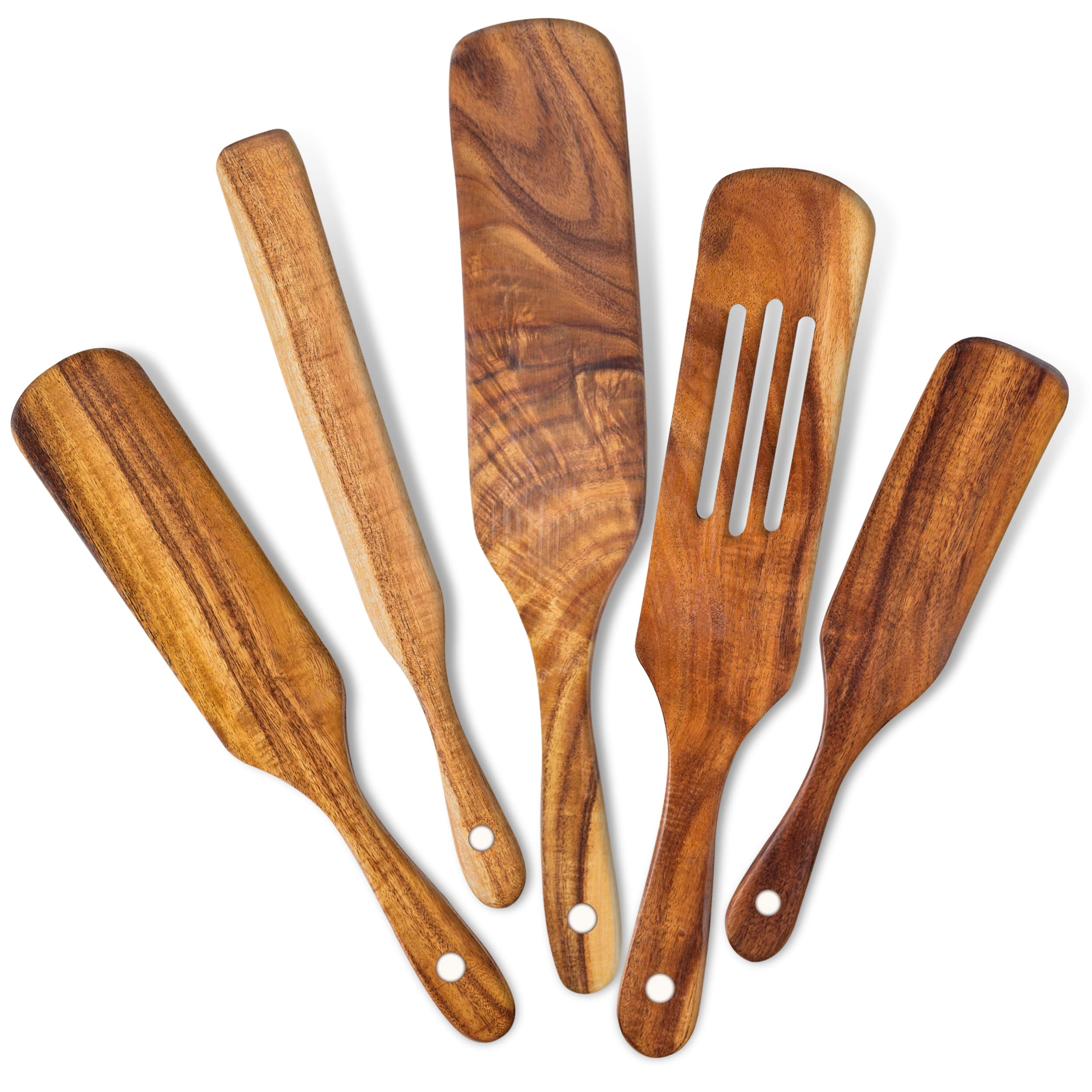 Wooden Spurtle Set Of 5, Acacia Wood Utensils For Kitchen, Heat Resistant Wooden Spoons For Cooking, Non-Stick Tool Sets, Versti