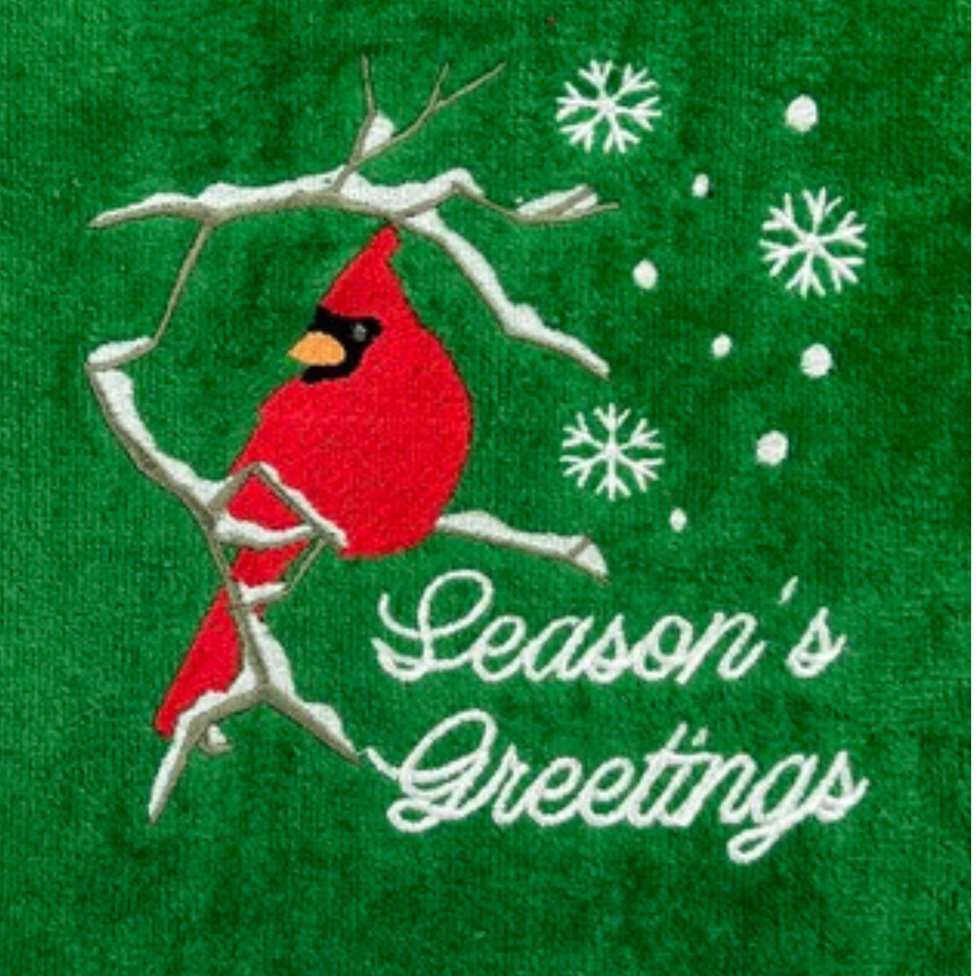 Holiday Christmas Bathroom Guest Hand Towels, Red Cardinal With Season'S Greetings On Green100% Cotton, Set Of 2, 16 X 25 Inches