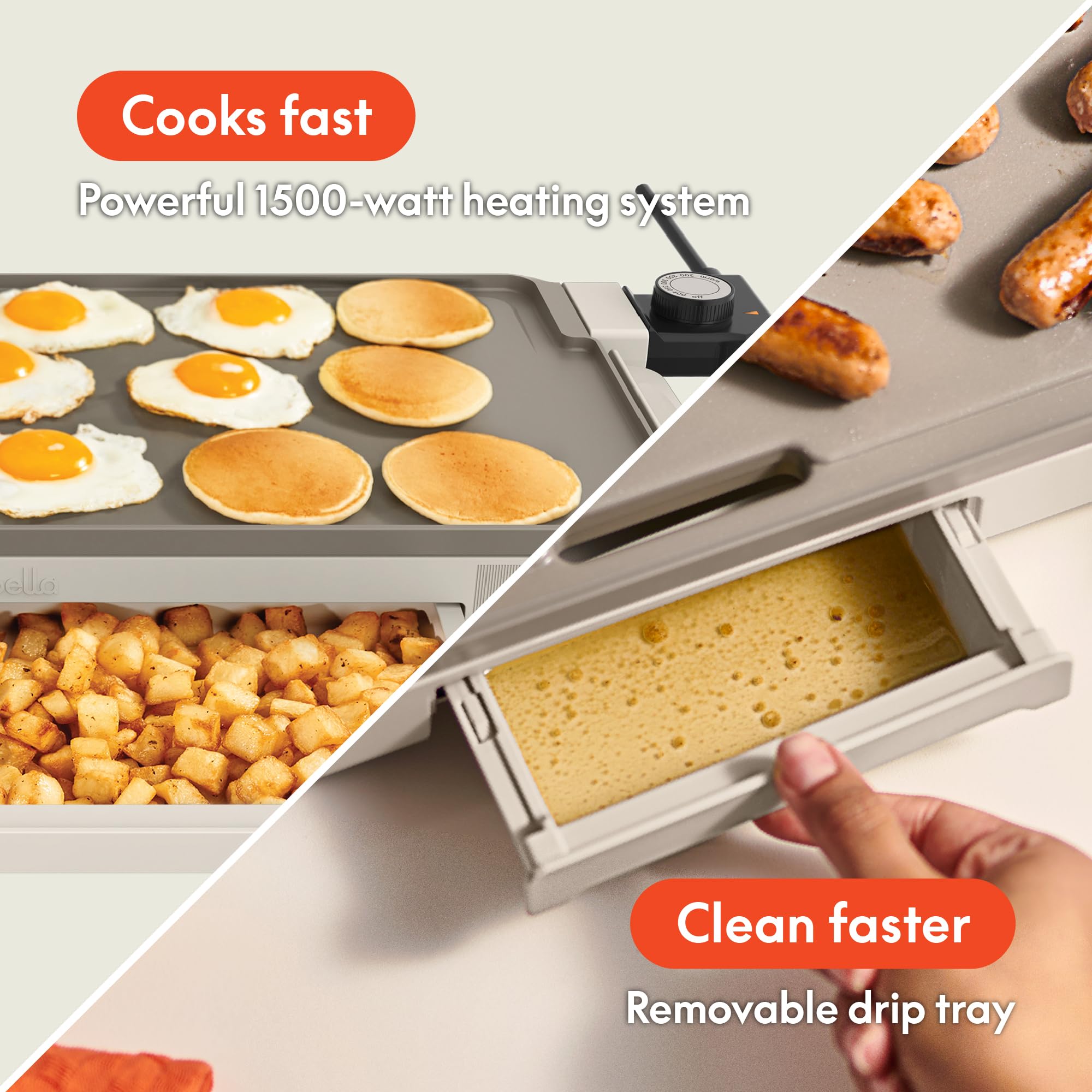 Bella 10 X 20 Electric Griddle With Warming Tray, Evergood Ceramic Nonstick Coating & Removable Temperature Probe, Dishwashe