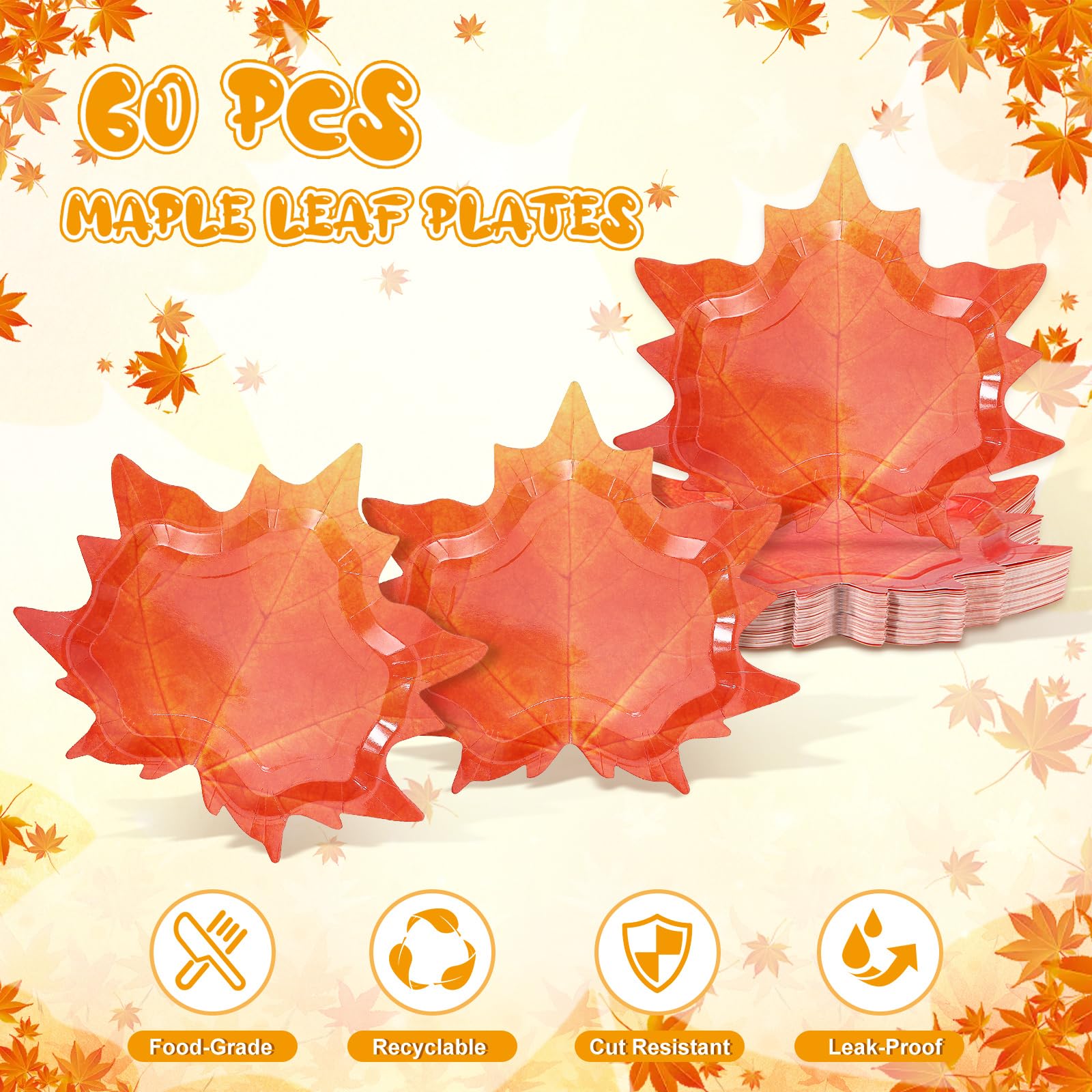 Piklodo 60 Pcs Fall Thanksgiving Paper Plates Maple Leaf Disposable Paper Plate 9 Inch Orange Autumn Dessert Dinner Plates for H