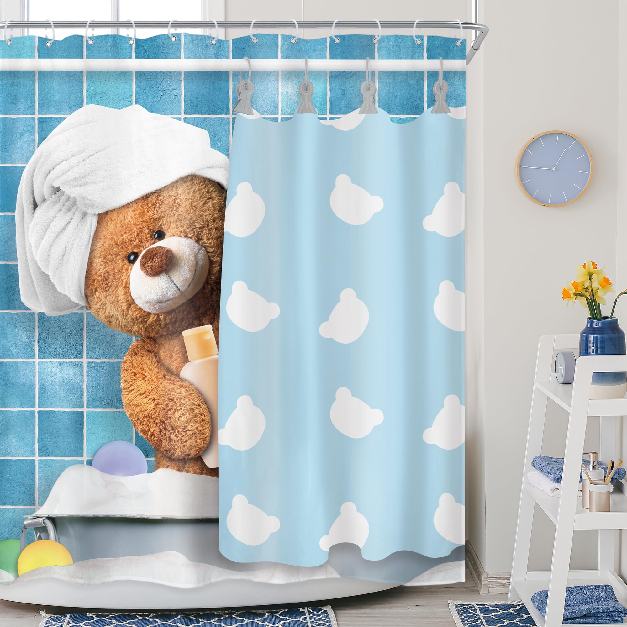 Riyidecor Funny Bear Shower Curtain 60Wx72H Inch Kids Cute Cartoon Blue Bathing Animal In Bathtub Bubbles Lovely Modern For Boys