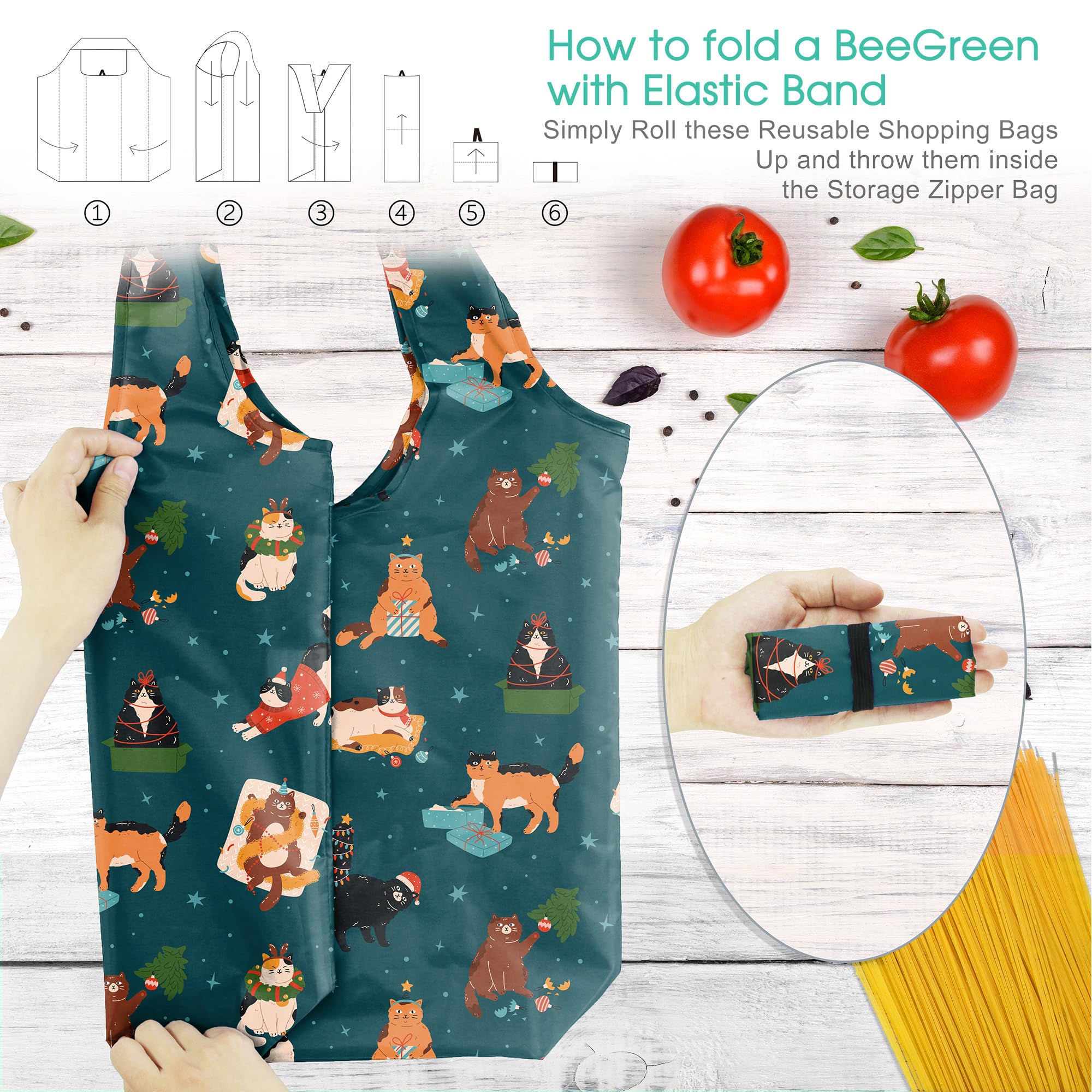 BeeGreen Christmas Cats Reusable Grocery Bags 6 Pack Cats Reusable Shopping Bags Bulk with Elastic Band Foldable-Machine Washabl