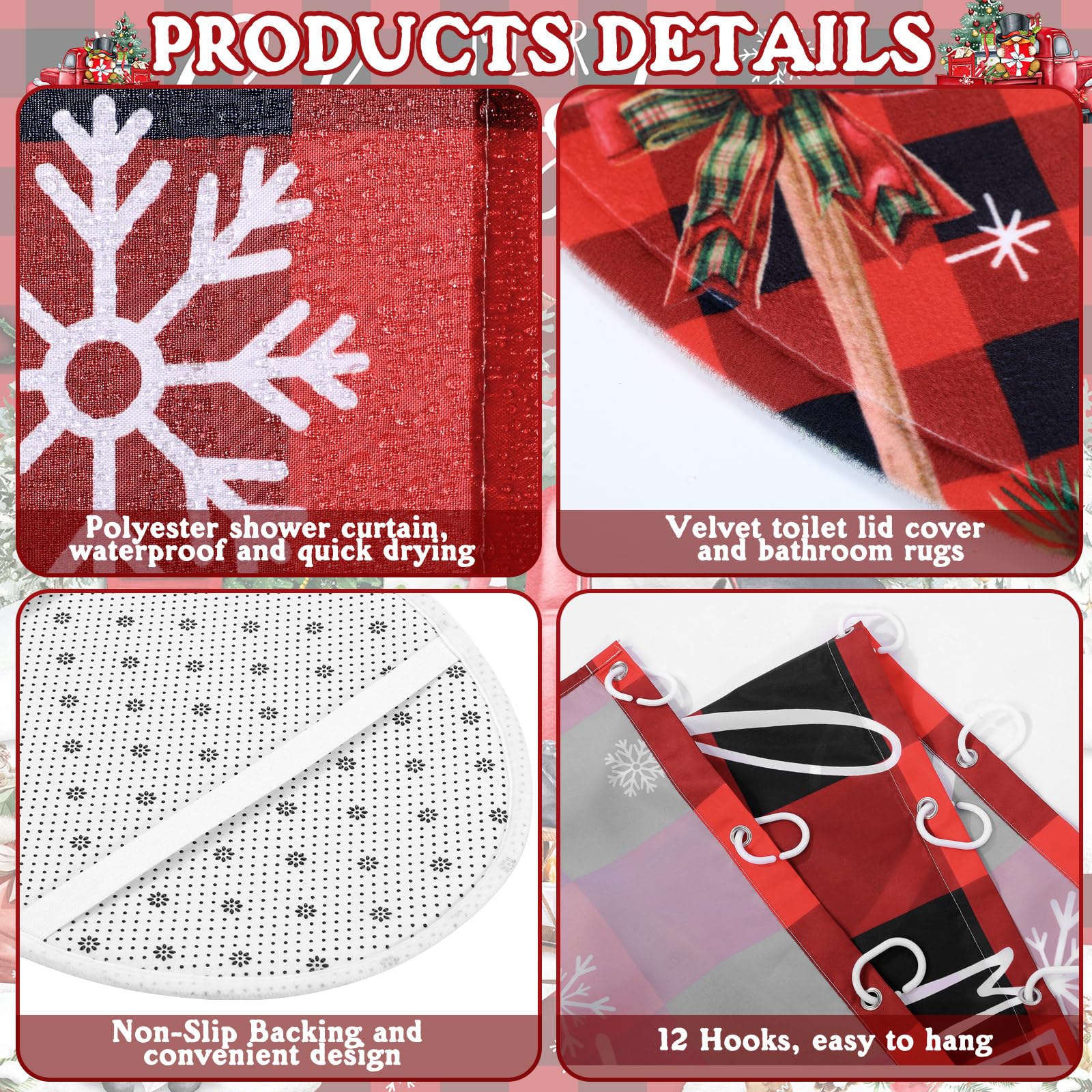 FuWeave 8 Pcs Christmas Shower Curtain Set Xmas Santa Bathroom Decoration Christmas Tree Hand Towels Snowman Toilet Lid Cover Ba