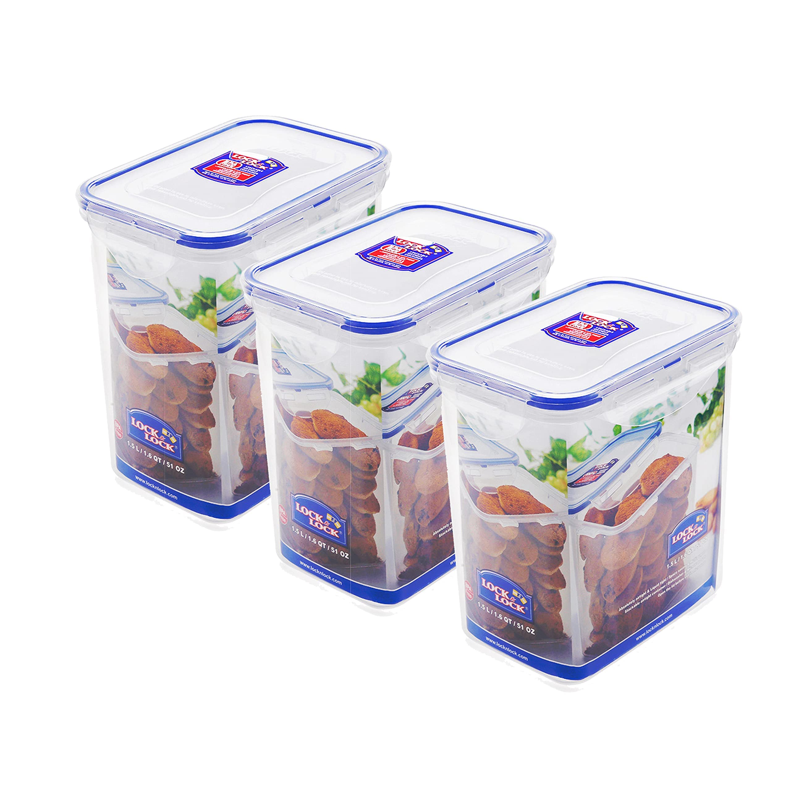 Lock & Lock Classics Tall Rectangular Plastic Airtight Food Storage Containers with Leakproof Lid, 1.5 Liter, Set of 3, Transpar