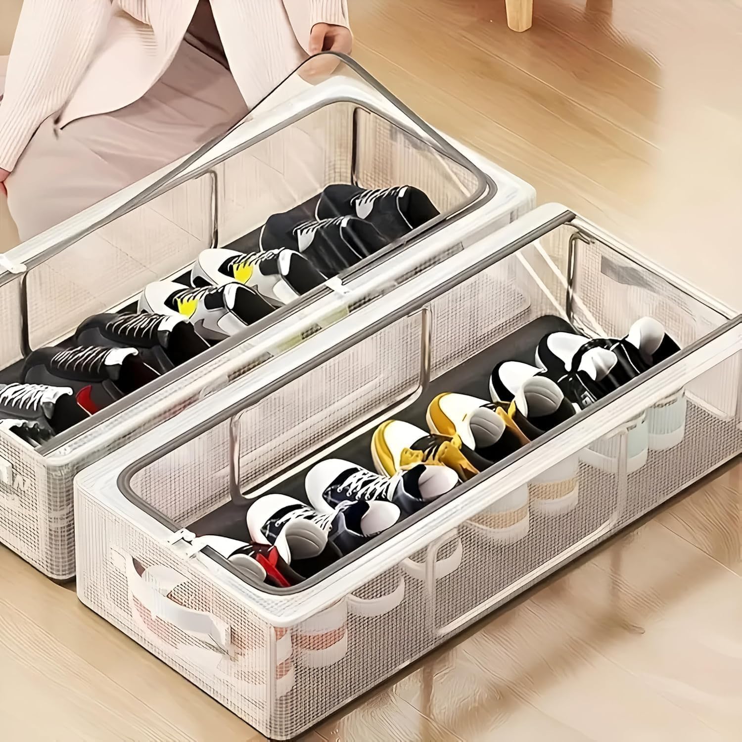 Blizzcart Under Bed Shoe Storage Box, Clear Foldable Organiser, Space Saving Sneaker Rack Bin, 60X30X15 Cm, Pack Of 2