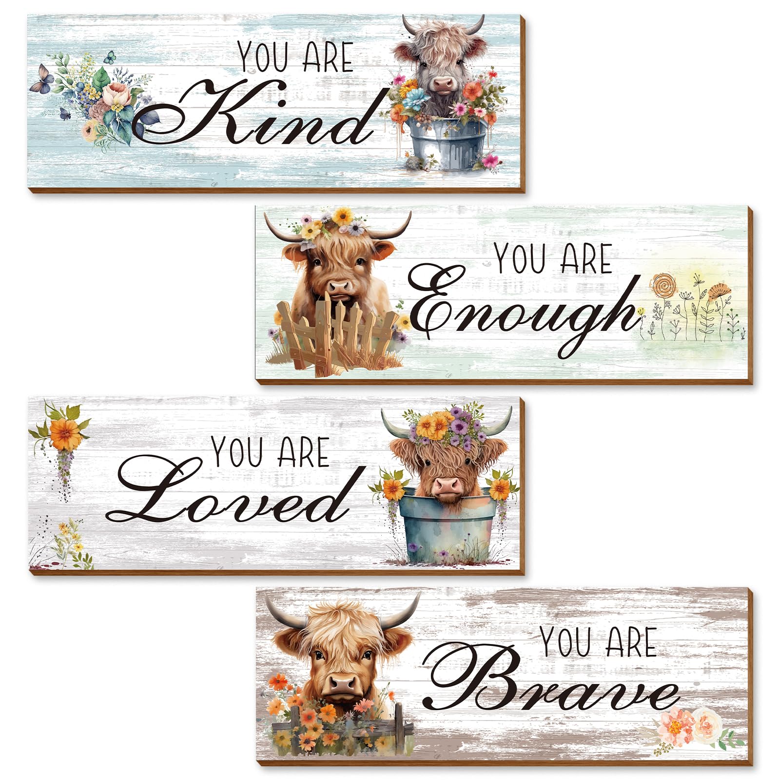 Thrist Highland Cow Decor Wall Art 4PCS Wooden Inspirational Farmhouse Wall Art Picture Print Painting Loved Brave Kind Enough P