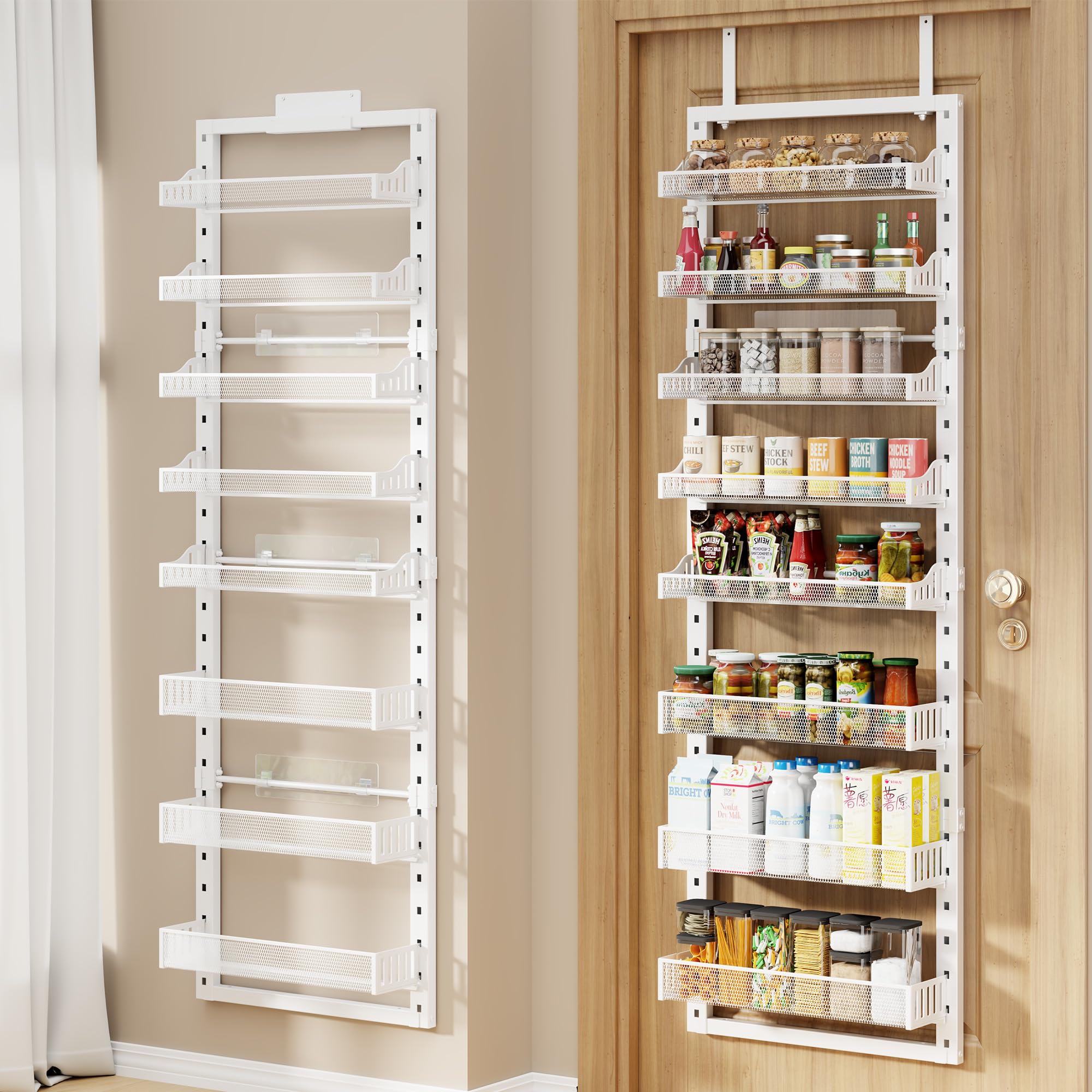 CUISIBOT 8 Tier Pantry Door Organizer, 2 IN 1 Over the Door Pantry Organizer with Metal Adjustable Baskets,Spice Rack Wall Mount