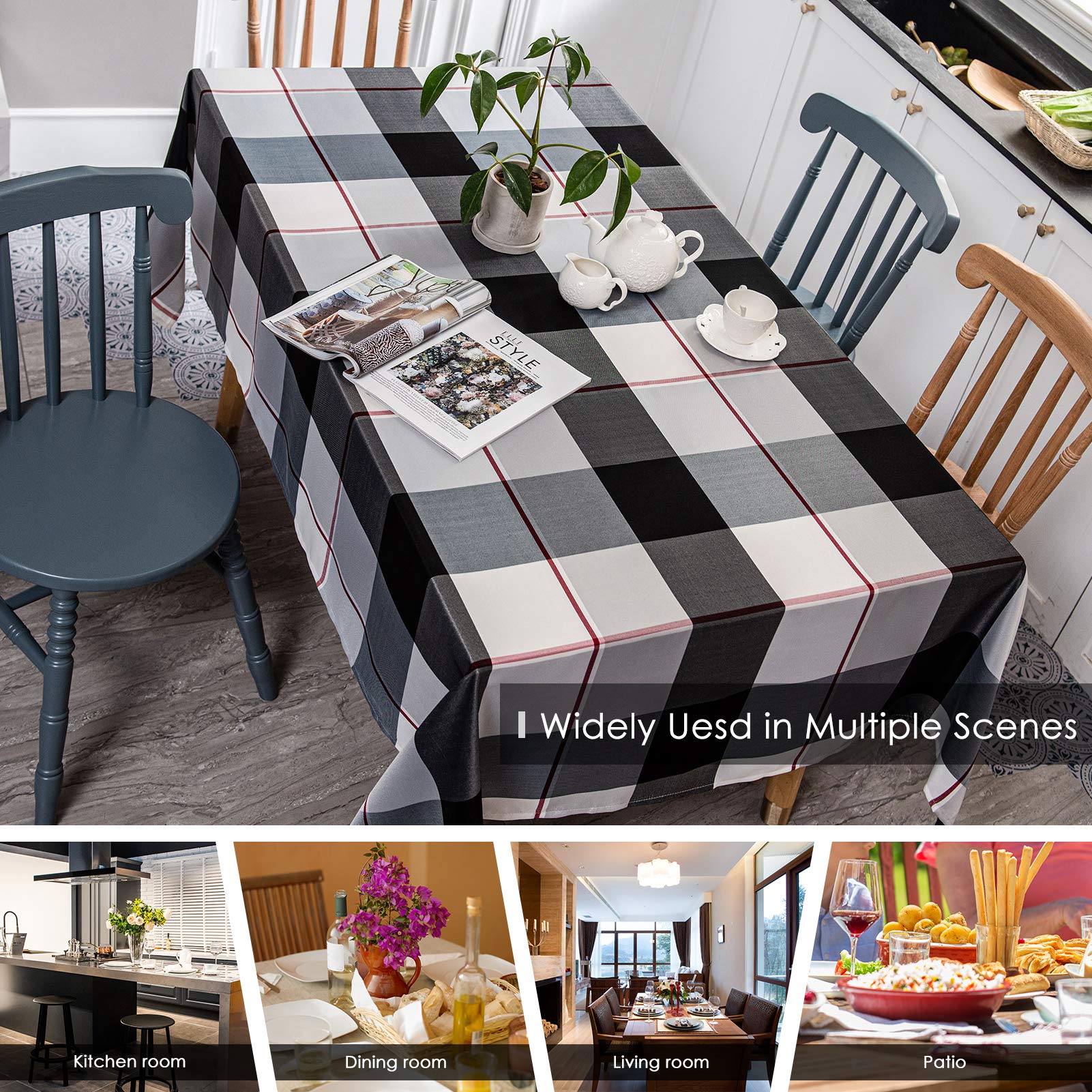 Melodieux Rectangle Plaid Check Tablecloth Spill Proof Water Wrinkle Resistant Table Cover Cotton Linen Textured Holiday Tabletop Decoration Kitchen Dining Room  60'' x 120''  Black