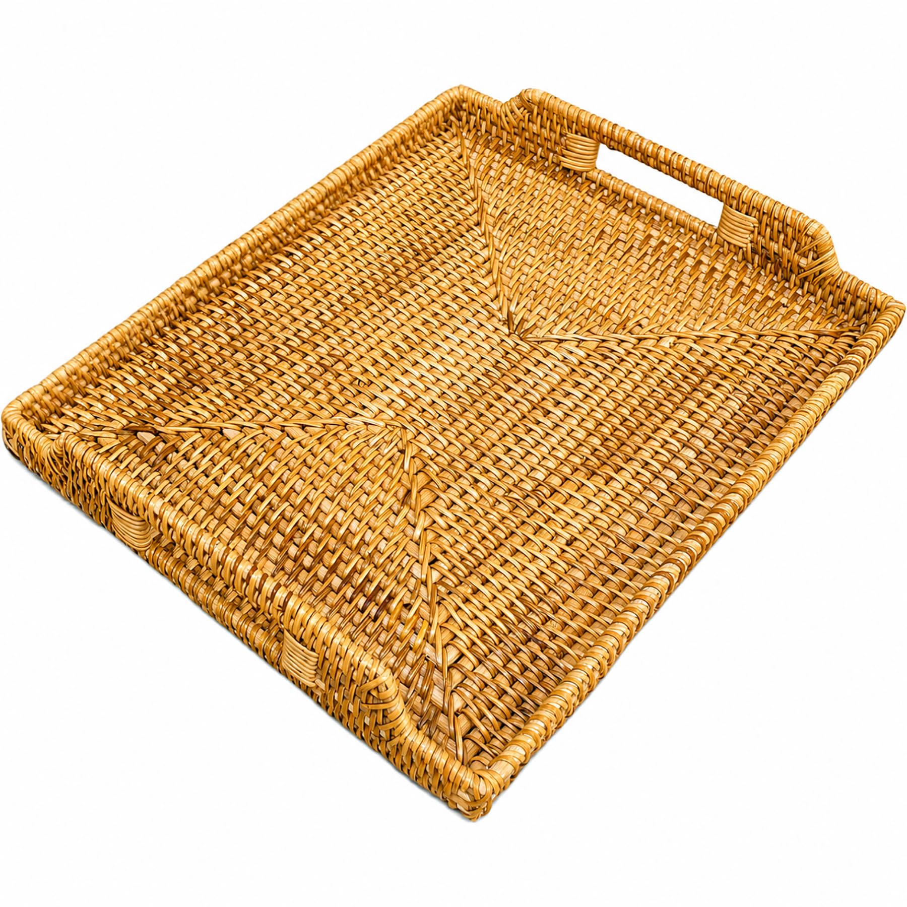 Ilan 17 Large Rattan Serving Tray with Handles, Handmade Wicker Basket