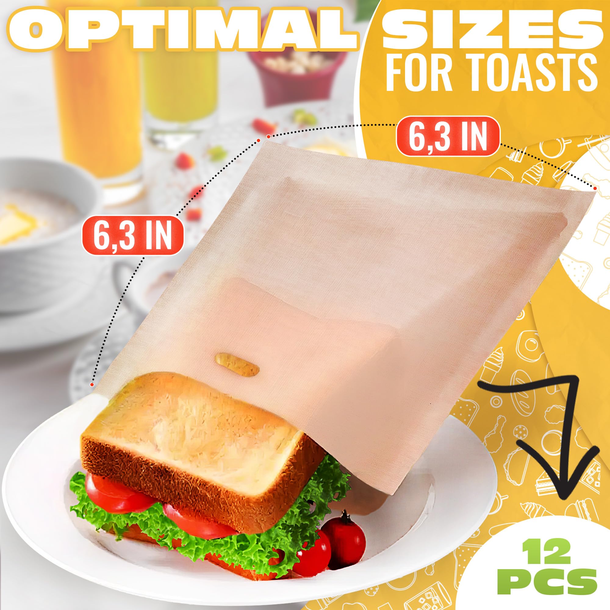 12Pcs Non Stick Reusable Toaster Bags - Toaster Sandwich Bags Grilled Cheese Toaster Bags Reusable Bags For Food - Fiberglass He