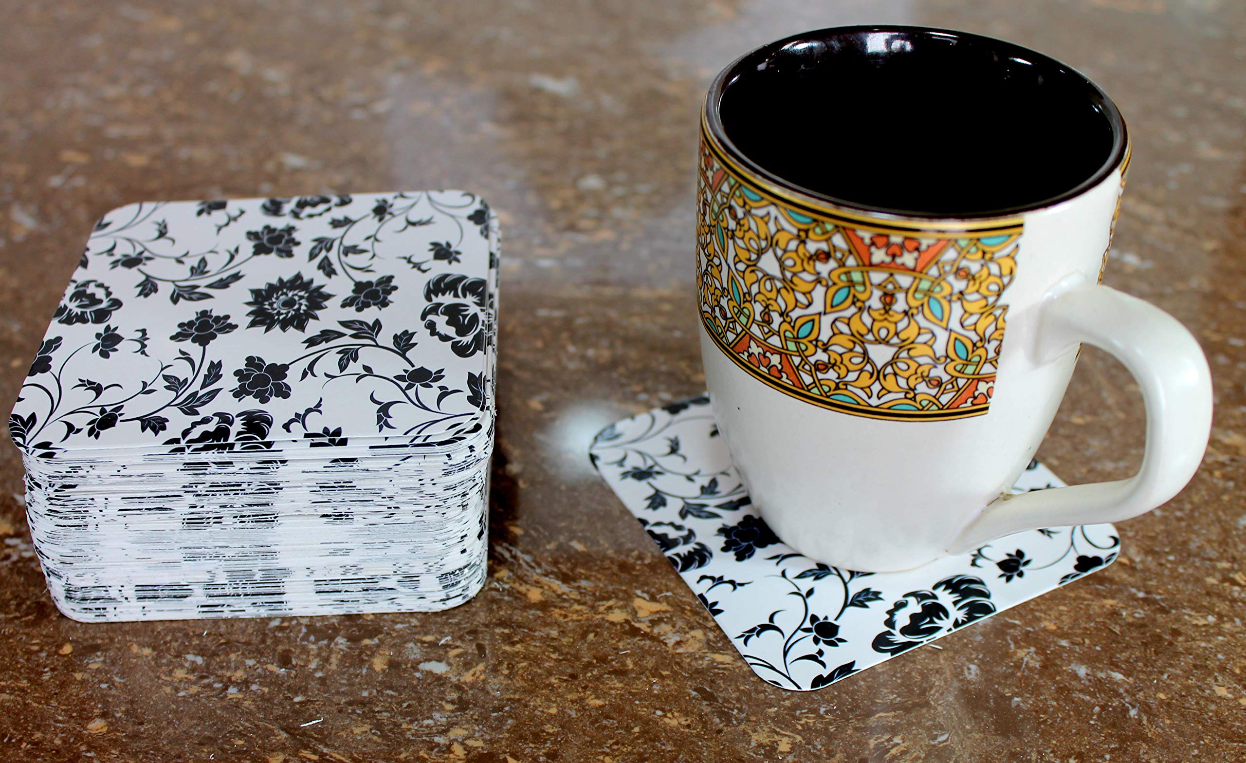 Esplanade Disposable Printed Paper Coasters - Use And Throw Reversible Paper Coasters - Set Of 100 - Black Floral