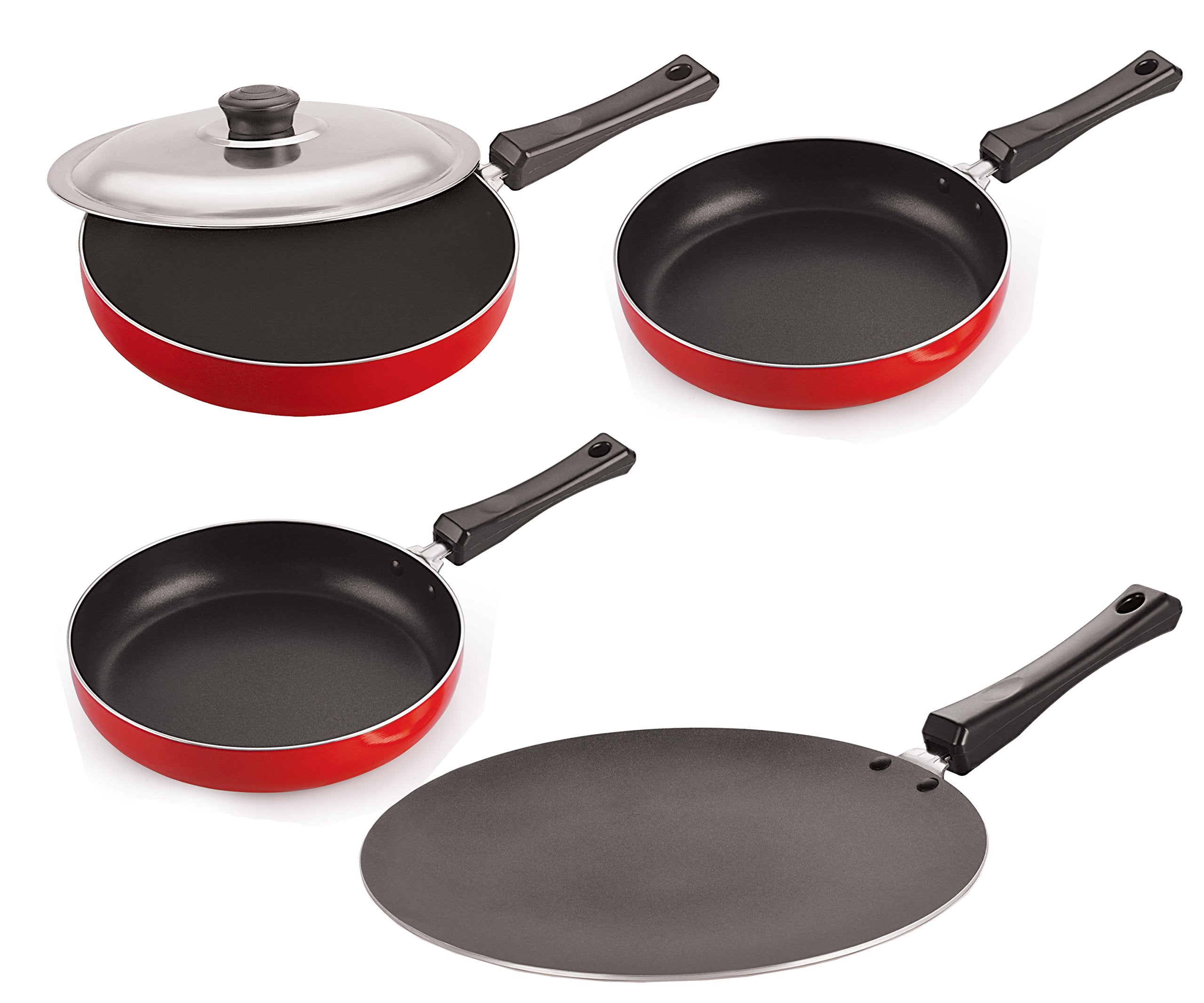 Nirlon NonStick Aluminum Cookware Set, 4Piece, Red And Black (Ct11_Fp10_Fp11_Fp12)