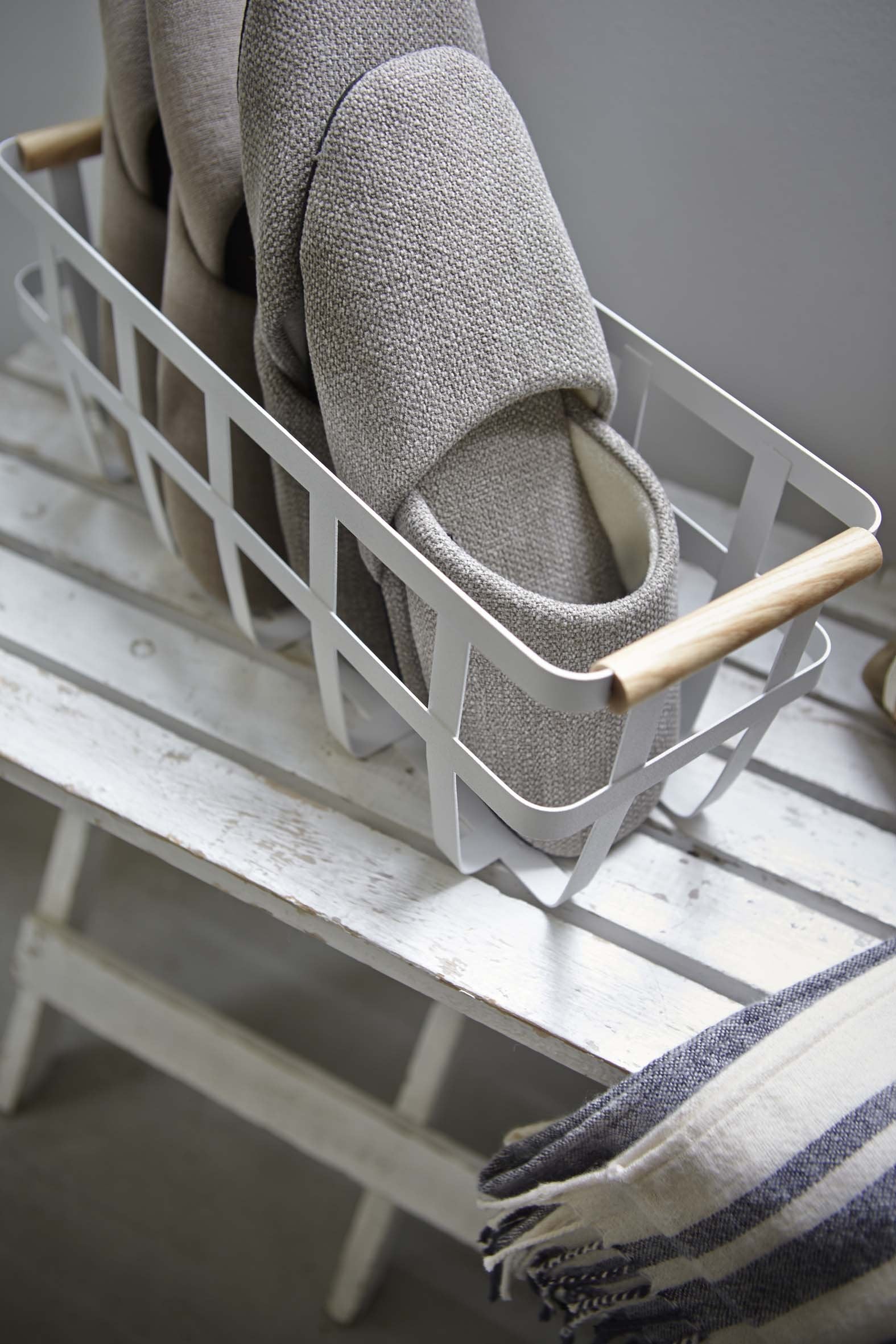 Yamazaki Home Storage Basket - Home Organizer Bin Holder With Wooden Handle Steel + Wood Small White