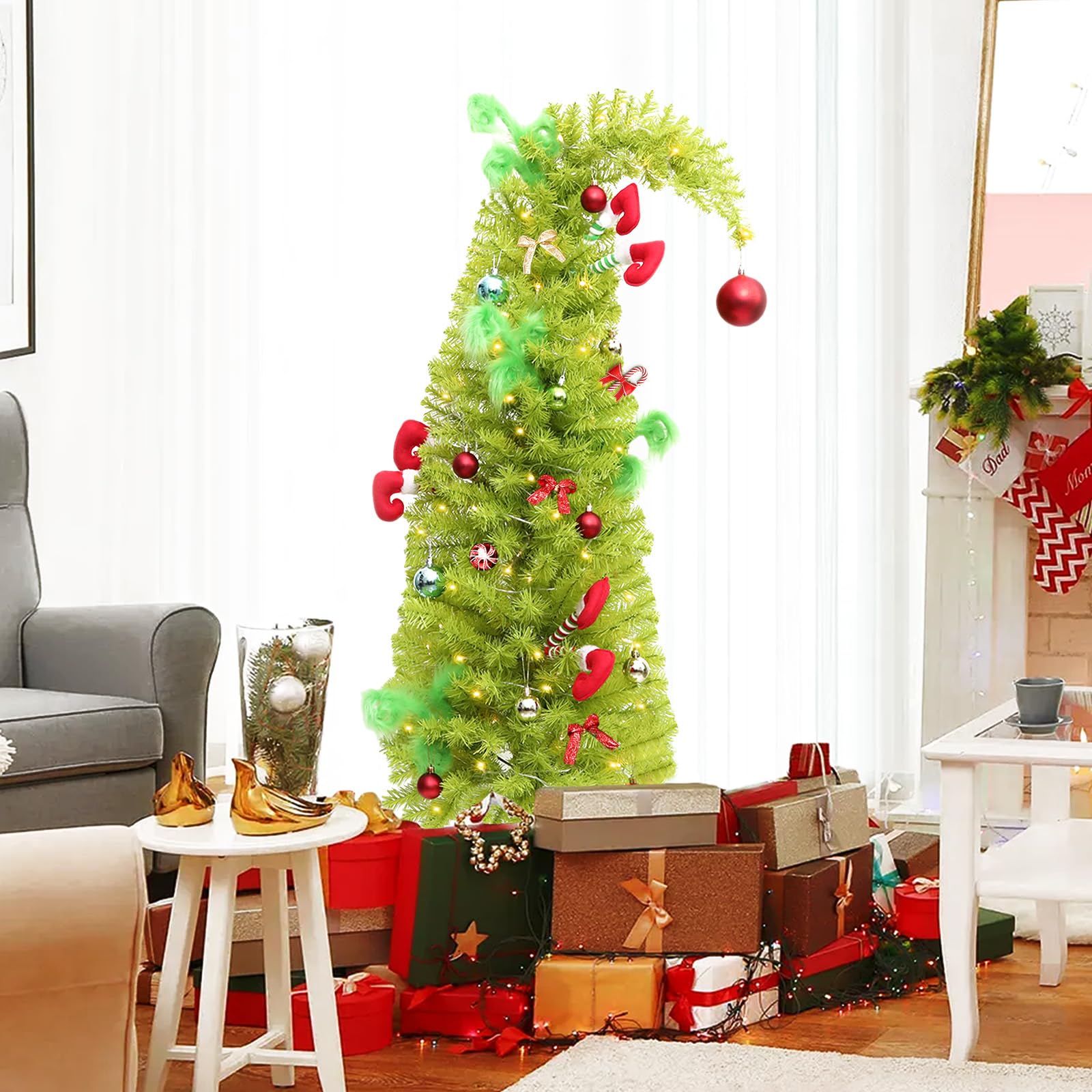 HMASYO 5ft Whimsical Artificial Christmas Tree with 150 LED Timer Lights, Lime Green Bendable Christmas Tree with Ball Ornaments