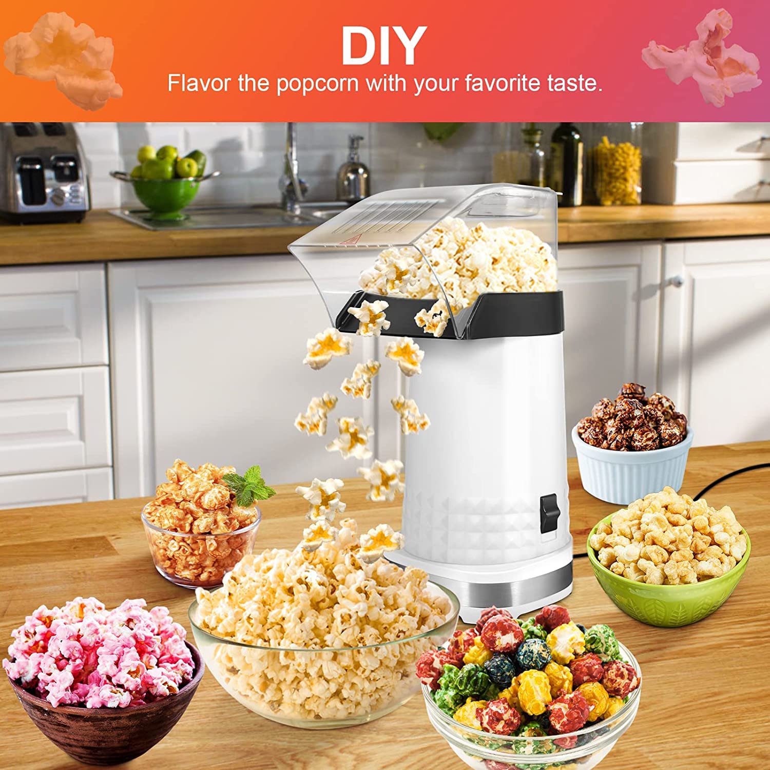 Kodaqo Popcorn Maker, Hot Air Popper 1200W With Etl Certified, Bpa Free, No Oil, Diy Flavors, 98% Super High Explosion Rate Mach