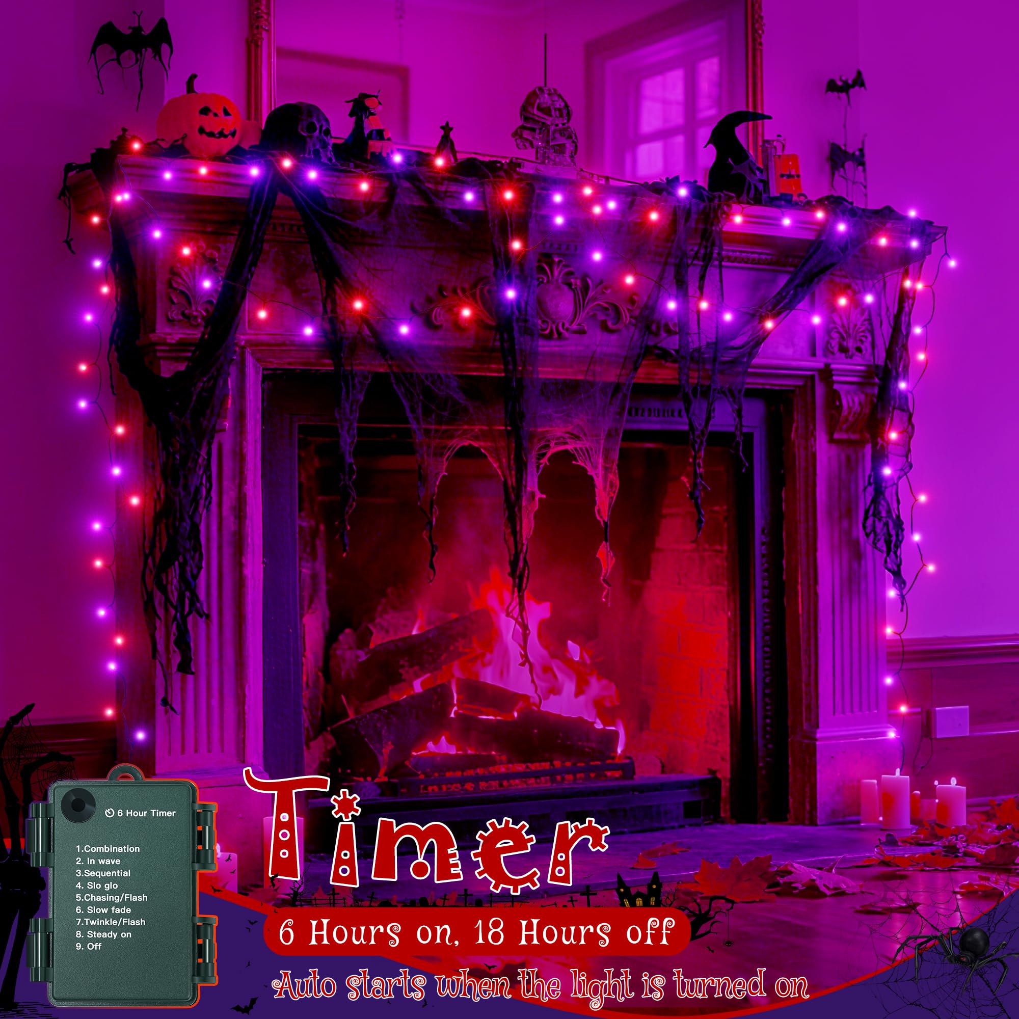 Ollny Halloween Lights with Creepy Cloth, 50LED 16FT Waterproof Orange and Purple String Lights with 8 Lighting Modes Timer, Bat