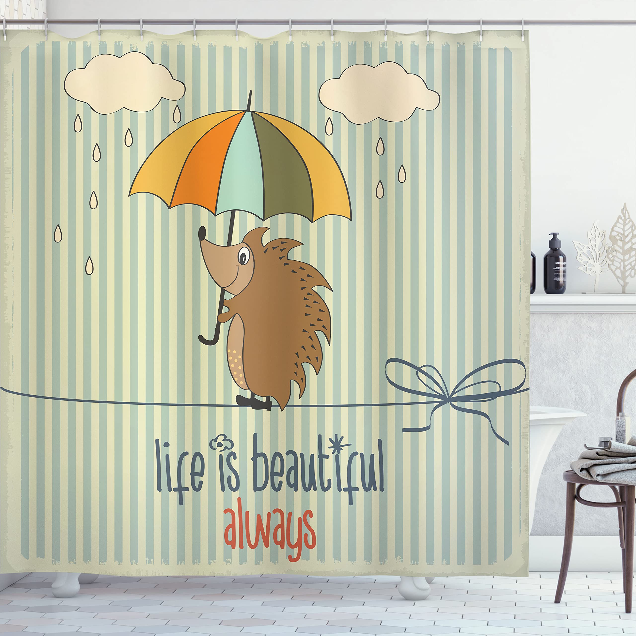 Ambesonne Saying Shower Curtain, Hedgehog With Umbrella Under Rain And Phrase Life Is Always Art Print, Cloth Fabric Bathroom De