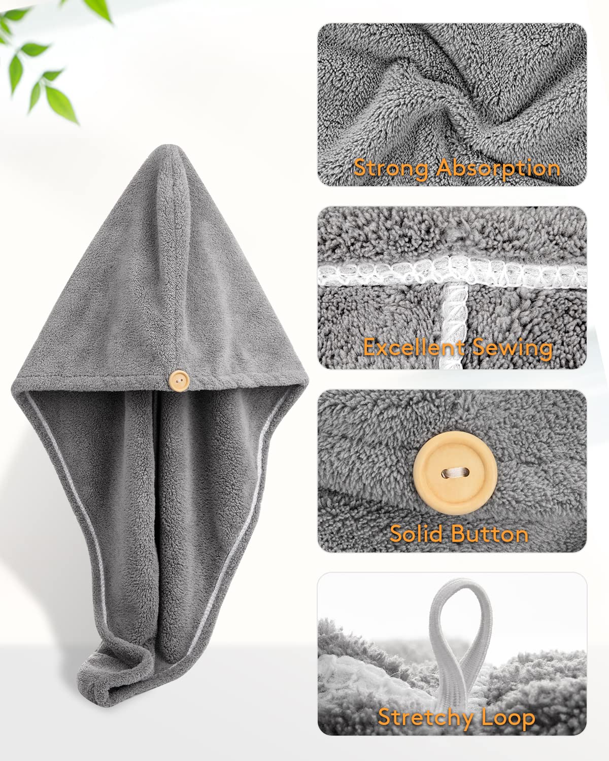 YFONG 3 Pack Microfiber Hair Towel with Button, Super Absorbent Fast Drying Hair Wraps for Curly Hair, Anti Frizz Towel for Wome