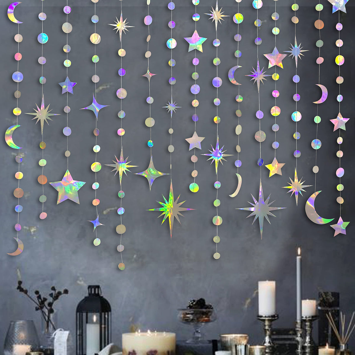 Iridescent Star Moon Circle Dot Garland Party Decoration Kit Hanging Crescent And Twinkle Little Star Streamer Bunting Banner Fo