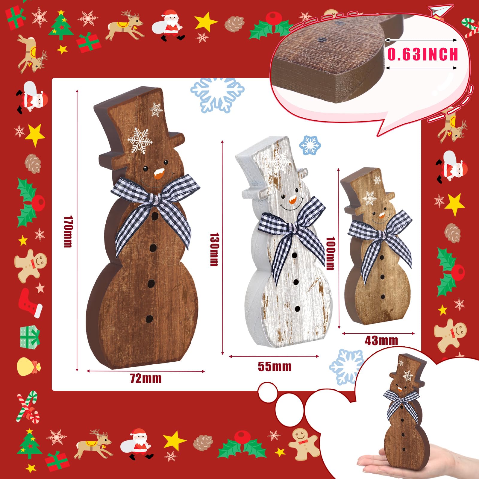 Chunful 3 Pcs Christmas Snowman Table Decoration Rustic Brown Winter Wooden Snowman Table Centerpiece Block Signs Figurine Farmh