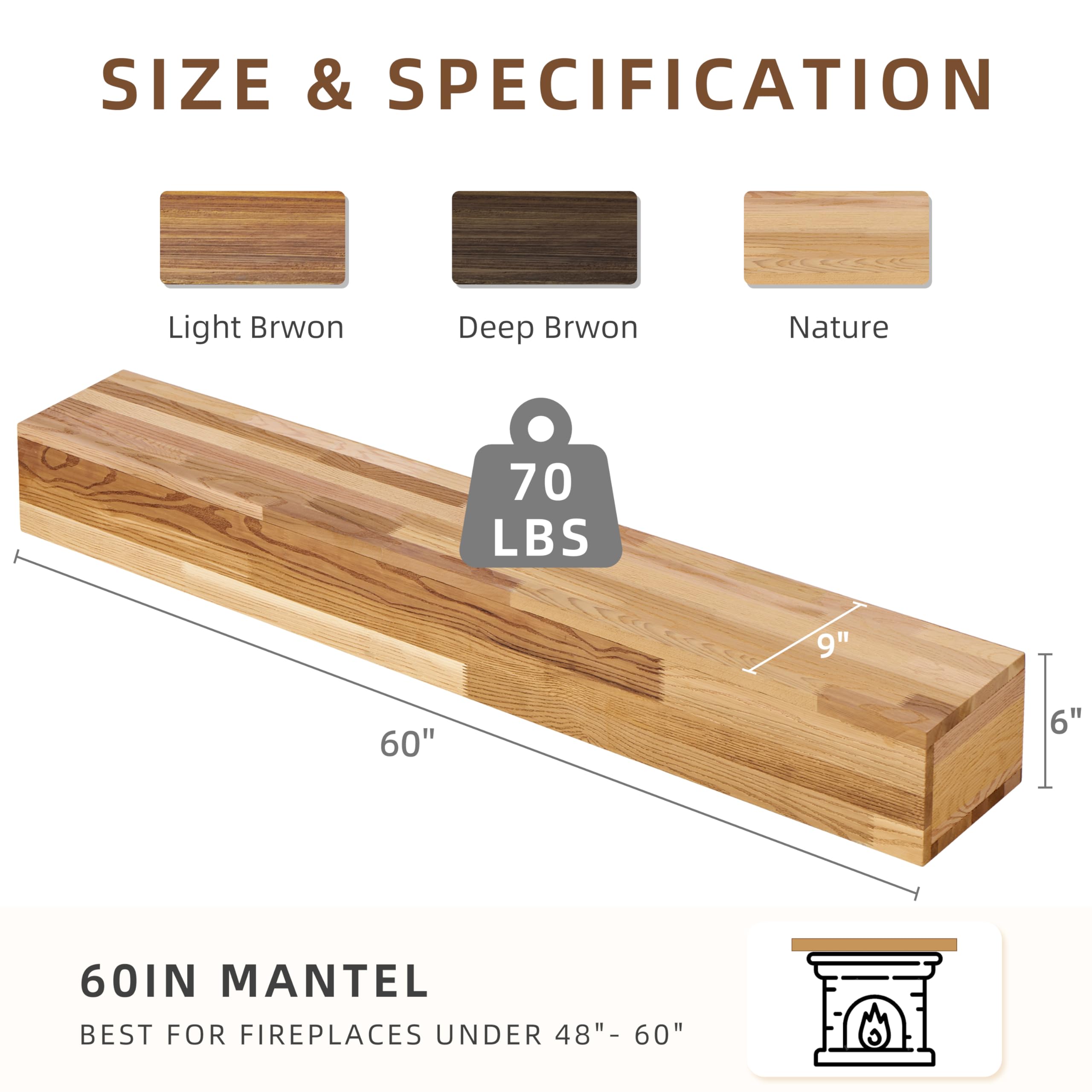 60'' Western Red Cedar Wood Fireplace Mantel | Wall-Mounted & Floating Shelf For Home Decor