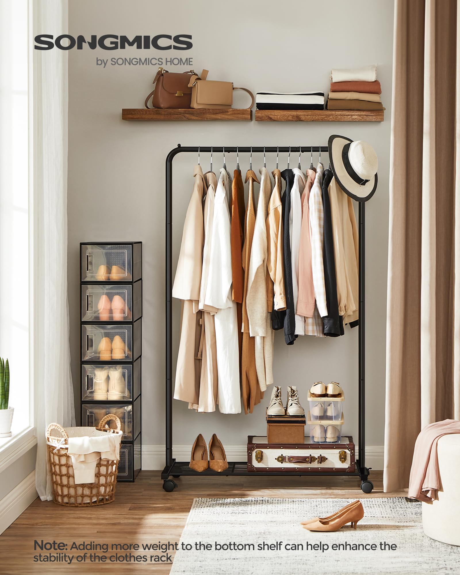 Songmics Clothes Rack With Wheels, 35.8 Inch Garment Rack, Clothing Rack For Hanging Clothes, With Dense Mesh Storage Shelf, 110