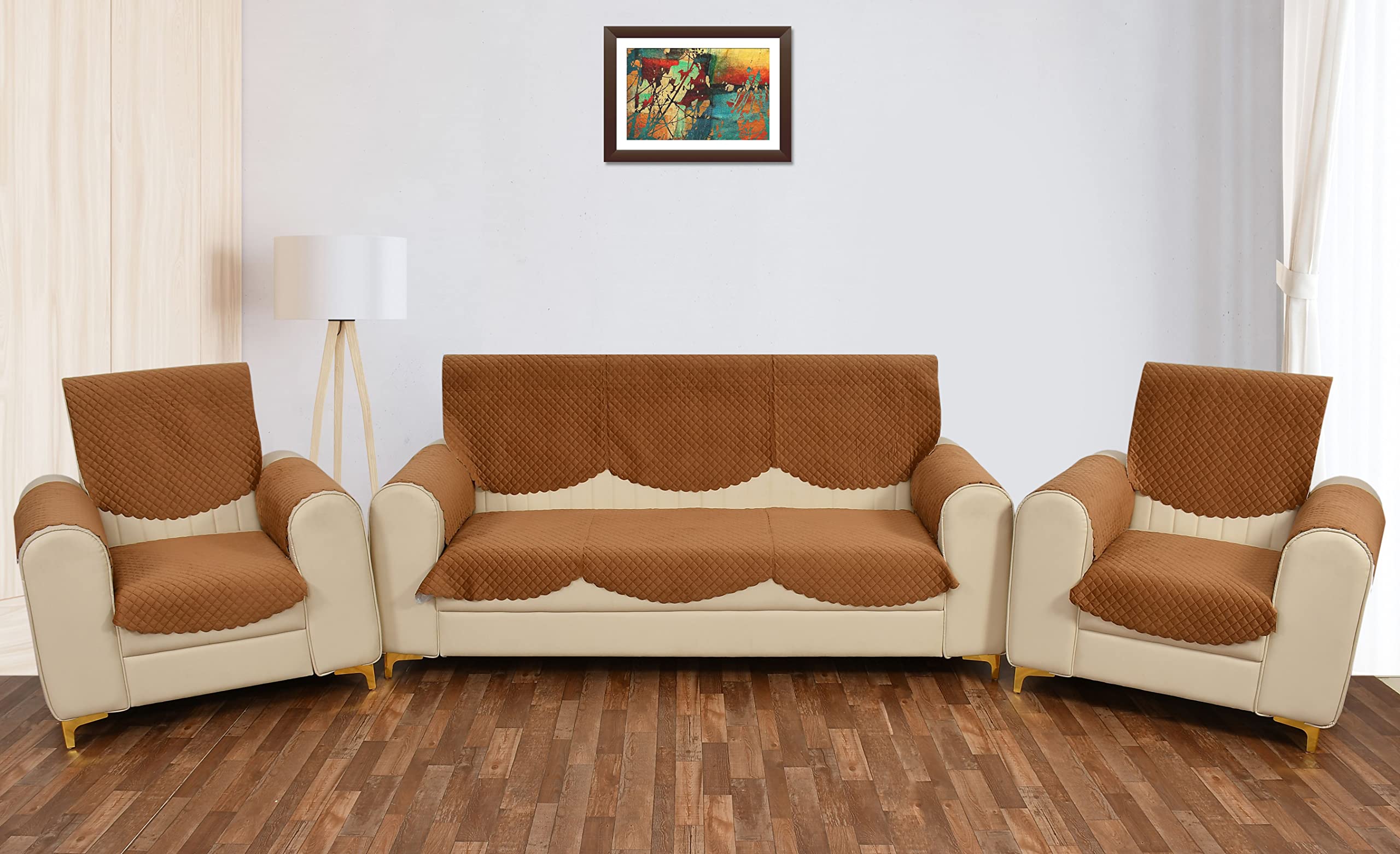 Yellow Weaves 5 Seater Self Design Quilted Sofa Cover And Chair Cover With Arm Cover, Seat & Back Cover, Color - Brown