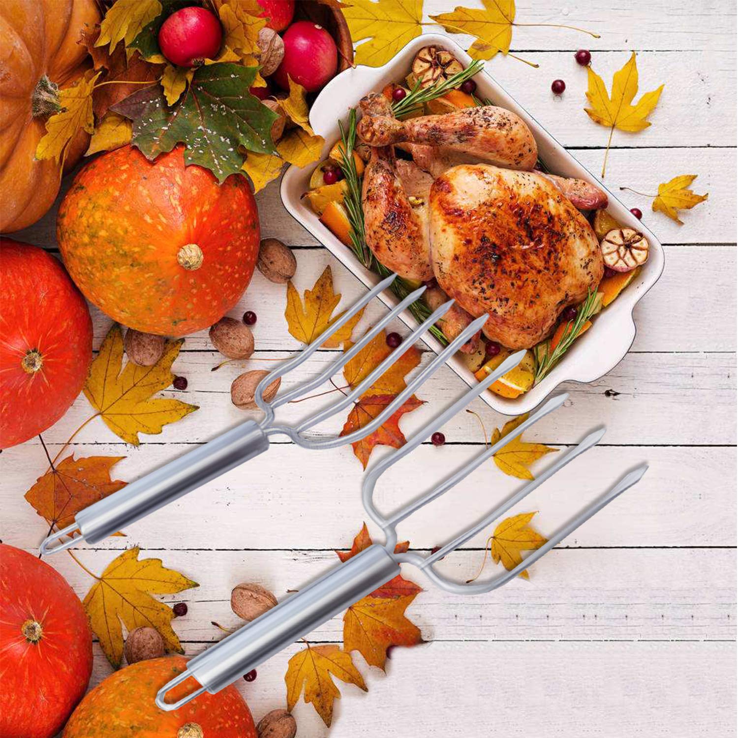 Home Servz Stainless Steel Turkey Baster Syringe And Poultry Lifters Fork Set Of 2,