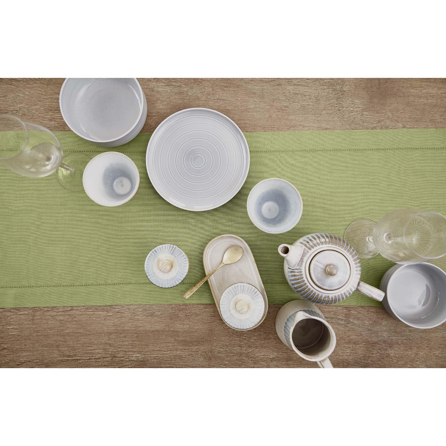 Solino Home Linen Moss Green Table Runner 60 Inch - 100% Pure Linen Classic Hemstitch Short Table Runner 14 X 60 Inch Ideal For