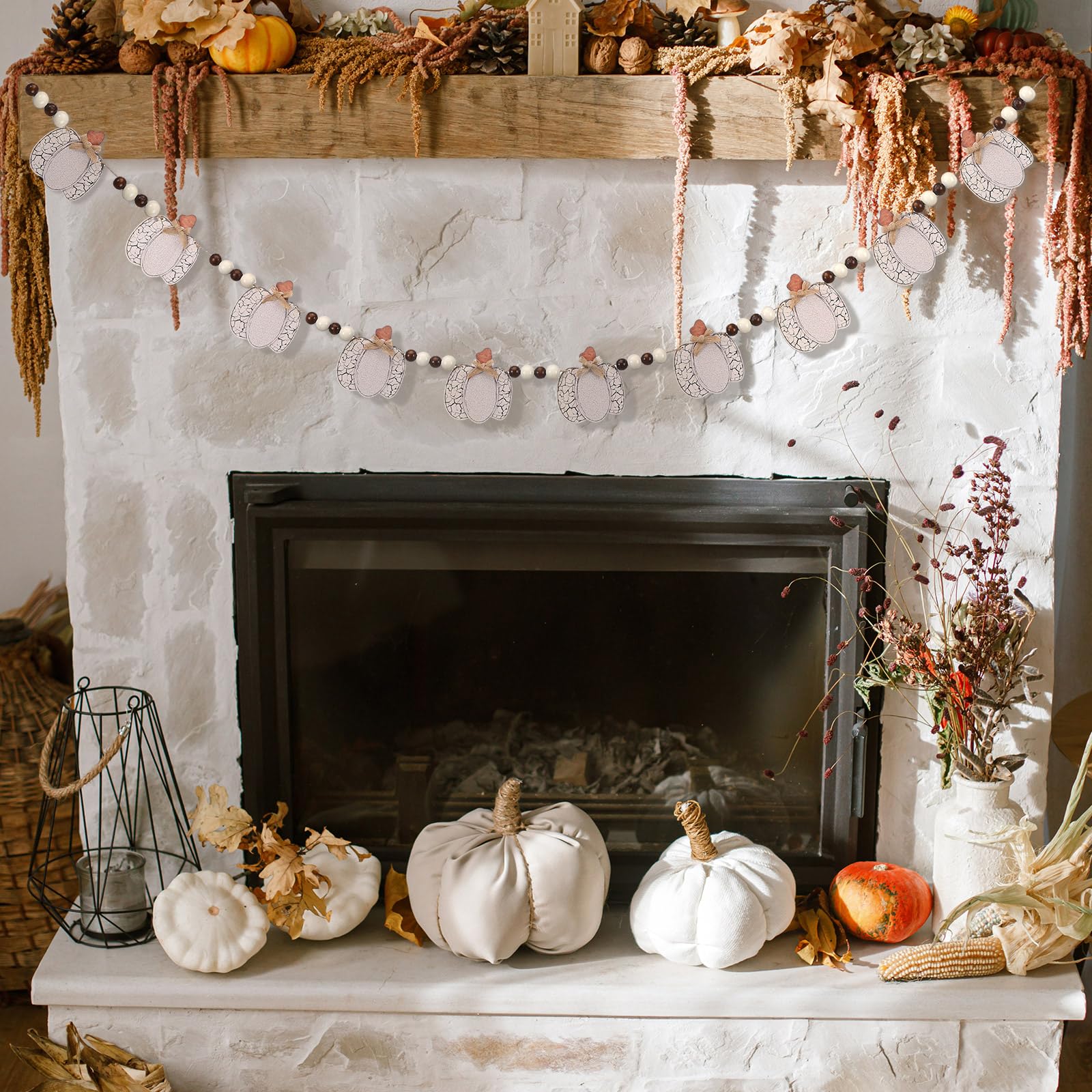 Cinnvoice 8.2 ft Fall Decorations Wooden White Pumpkin Garland Rustic Farmhouse Wood Bead Garland Cracked Pumpkin Thanksgiving B