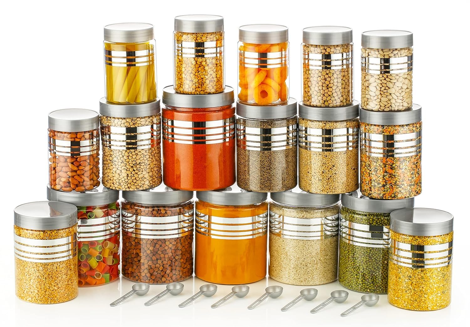 Aquaware Plastic Pet Storage Jar And Container, Set Of 18 With Spoons Air Tight | Kitchen Organiser Improved Model Silver Line P