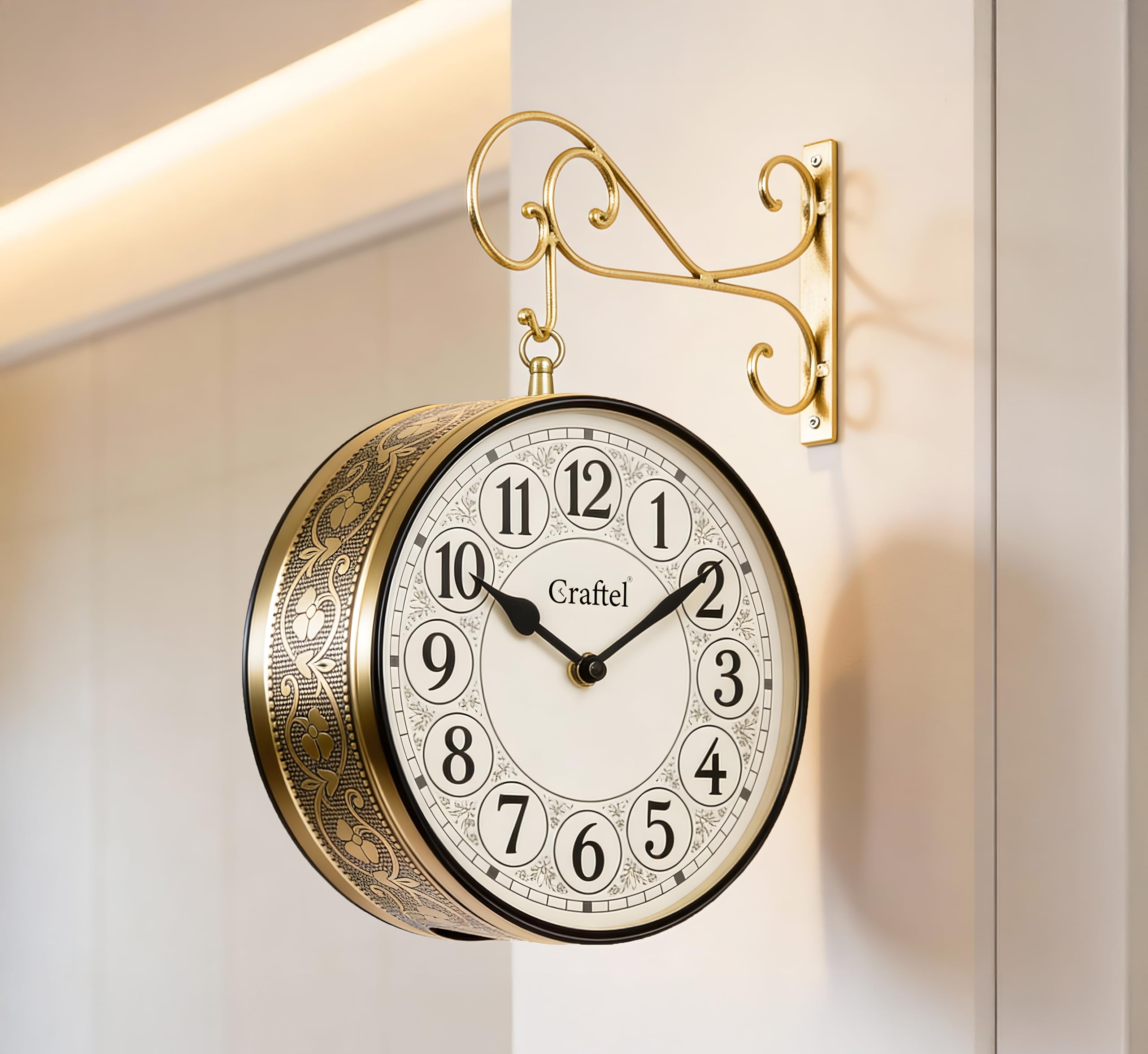 Craftel Metal Analog Double Sided Vintage Station Wall Clocks (One Side English Other Side Roman, Shiny Gold - 12 Inches)