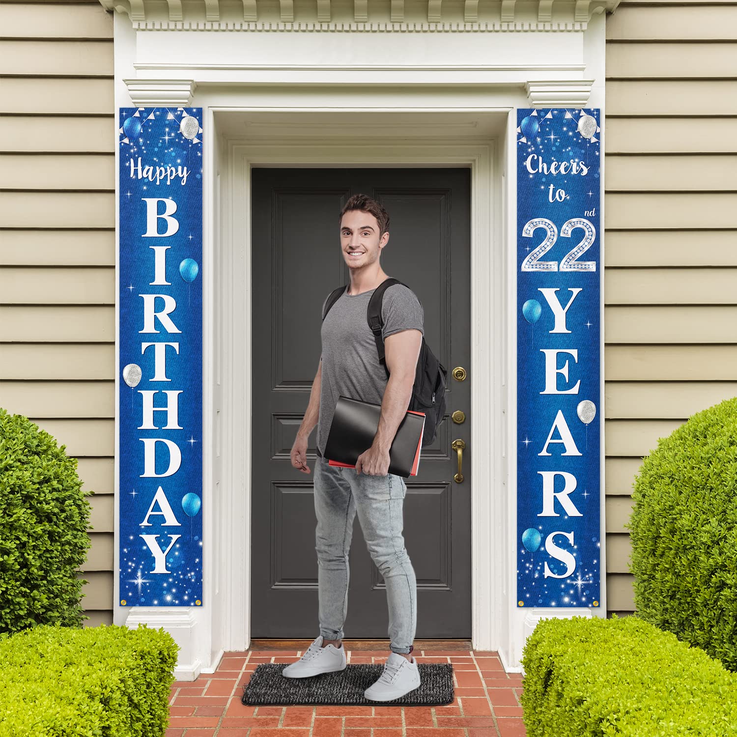 Happy 22Nd Birthday Yard Sign Door Banner - Cheers To 22 Years Birthday Party Decorations Supplies For Men Women - Blue