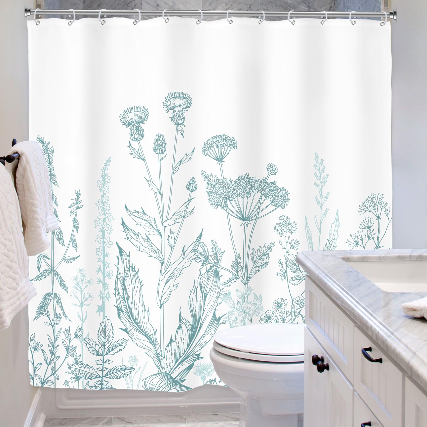 Riyidecor Teal Blue Floral Wildflower Shower Curtain For Bathroom Decor 72Wx72H Rustic Botanical Plant Leaves Farmhouse Spring N