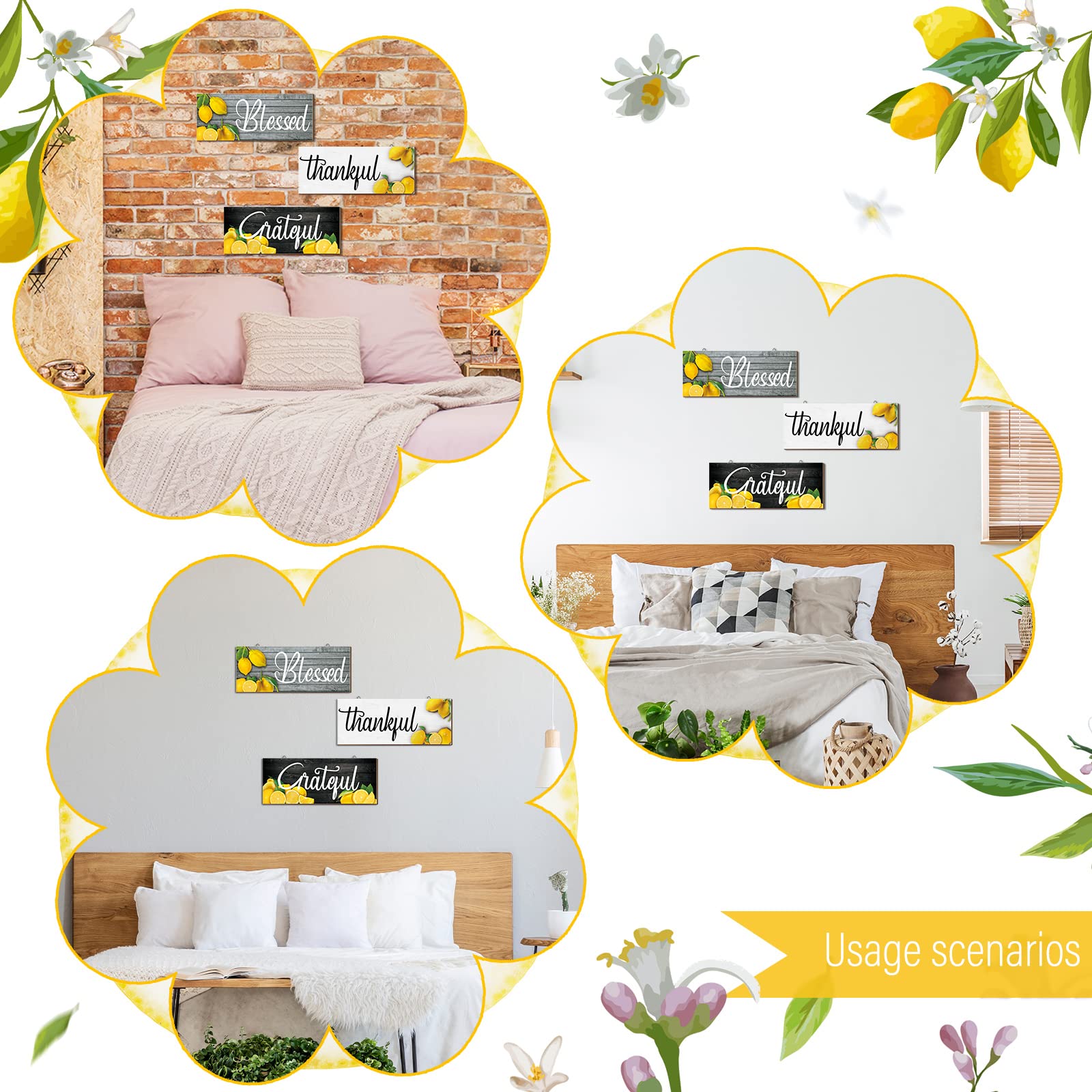 Amyhill 3 Pieces Lemon Wall Decor Grateful Thankful Blessed Art Signs Lemon Decorations for Home Wall decor for Front Door Farmh